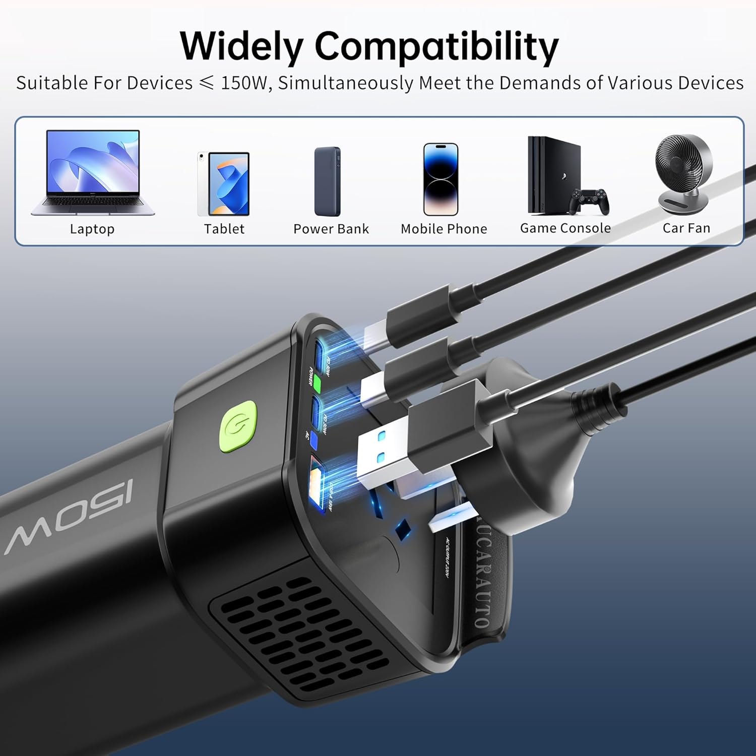 AUCARAUTO 150W Car Power Inverter, DC 12V to 220V AC 5-In-1 Cup Holder Car Plug Adapter Outlet with 10A Cigarette Lighter Socket, 2 USB-C 30W & 1 USB-A 18W Converter Charger - Black image number 4