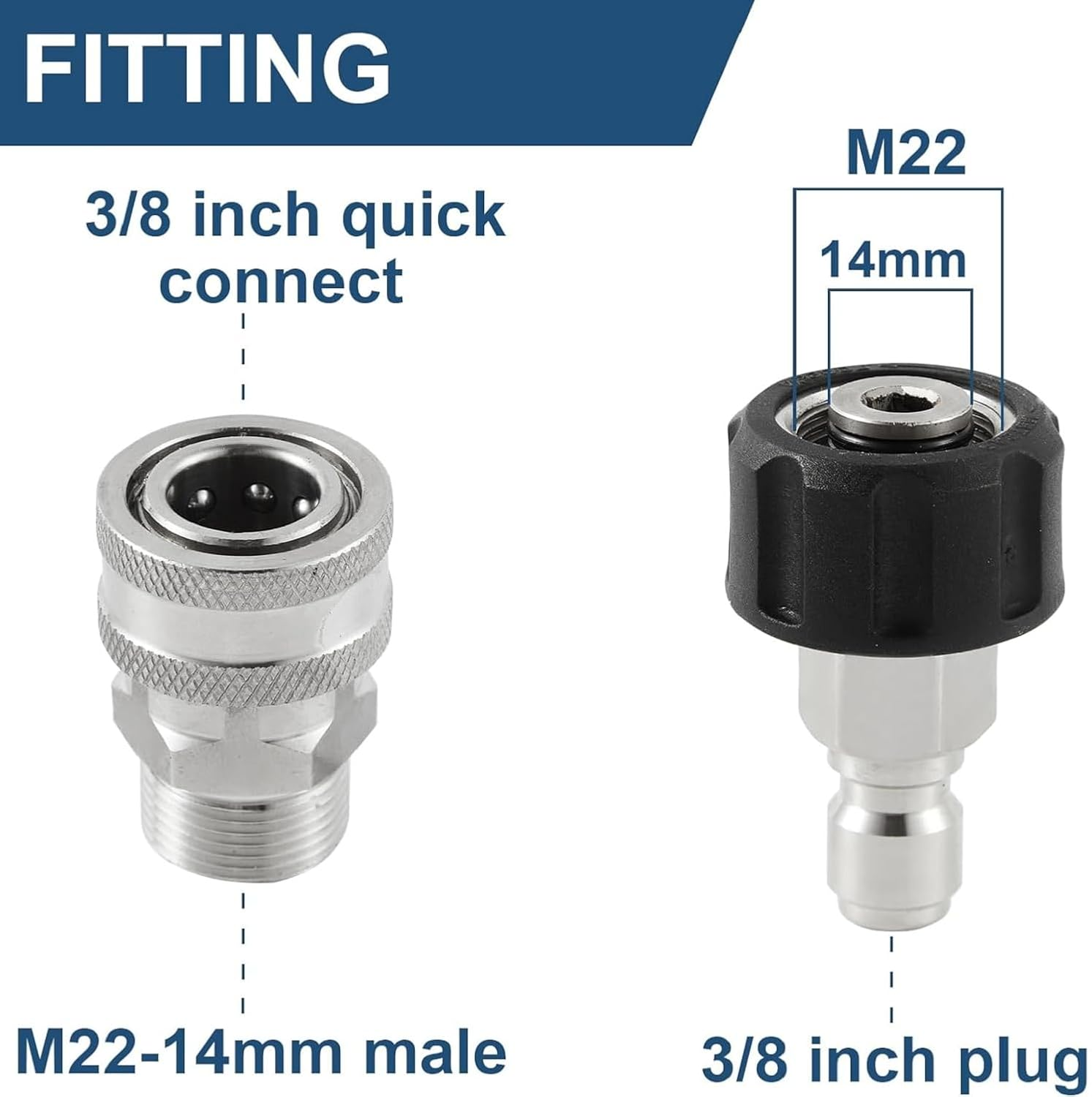 JUYOU 8 Pcs Pressure Washer Quick Connect Kit, Stainless Steel, M22 14Mm to 3/8 Inch Quick Connect Fittings, 3/4 Inch to 1/2 Inch Quick Release Adapter Set for Power Washer image number 5