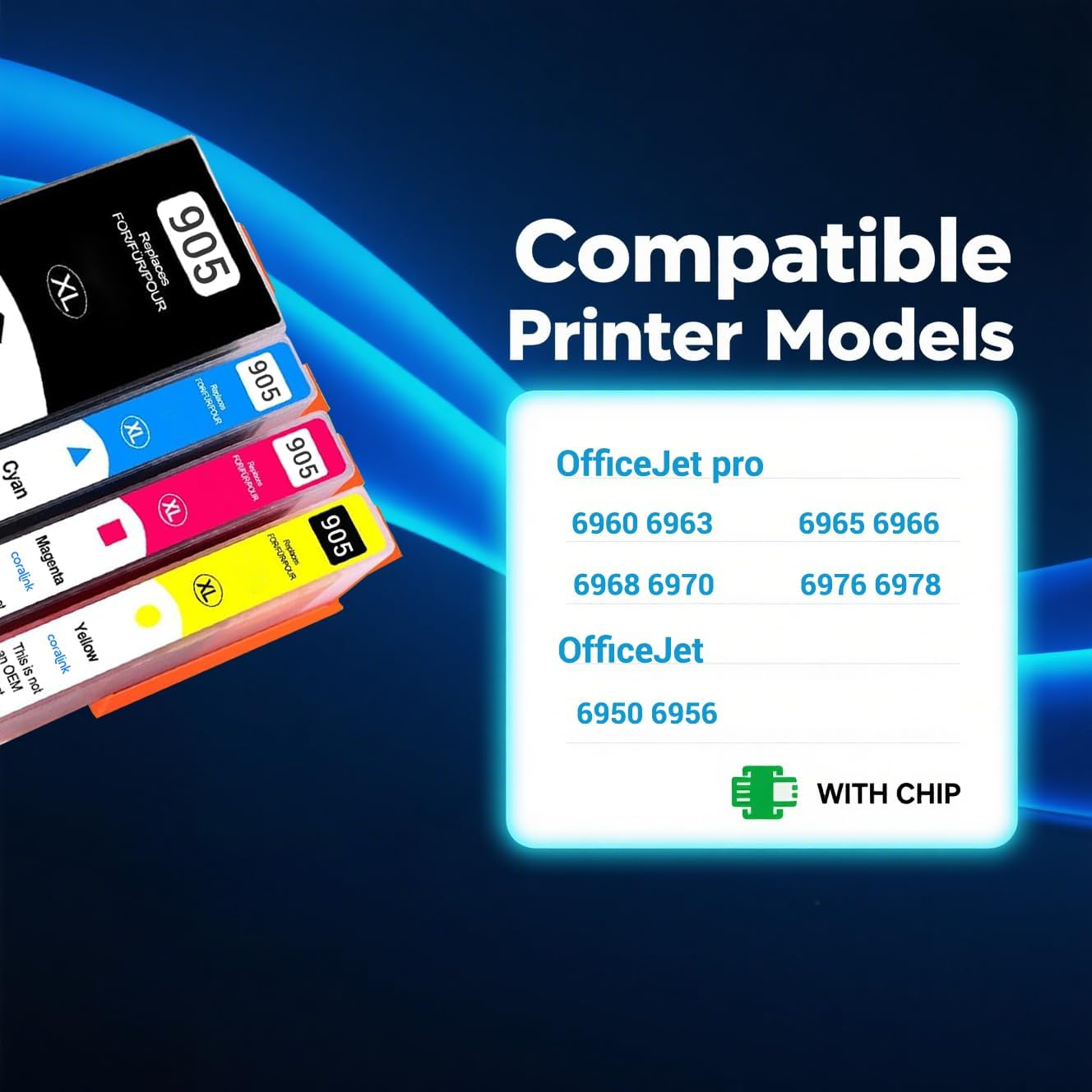 Coralink 905Xl Cartridges Remanufactured 905Xl Compatible for Hp Ink Woks with Officejet Pro 6968 6978 6960 6963 6965 6966 6970 6976 6950 6956 Inkjet Printer High Yield Capacity 905 (BK/C/M/Y 4Pack) image number 4