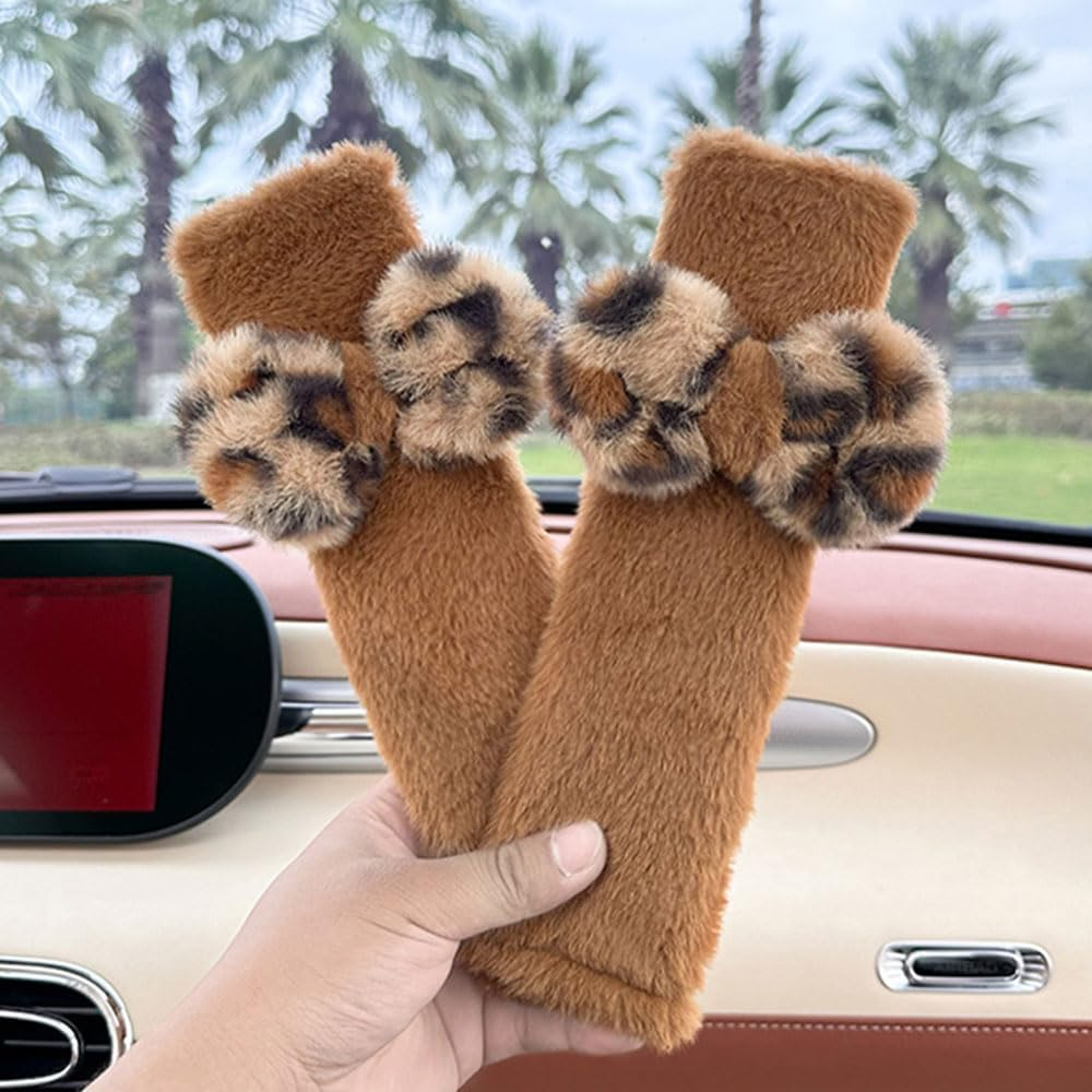 JINXU 2 Pack Seat Belt Cover Pad, Cute Plush Leopard Print Seatbelt Covers Seatbelt Shoulder for More Comfortable Driving, Plush Fluffy Soft Seat Belt Cover, Car Interior Accessories