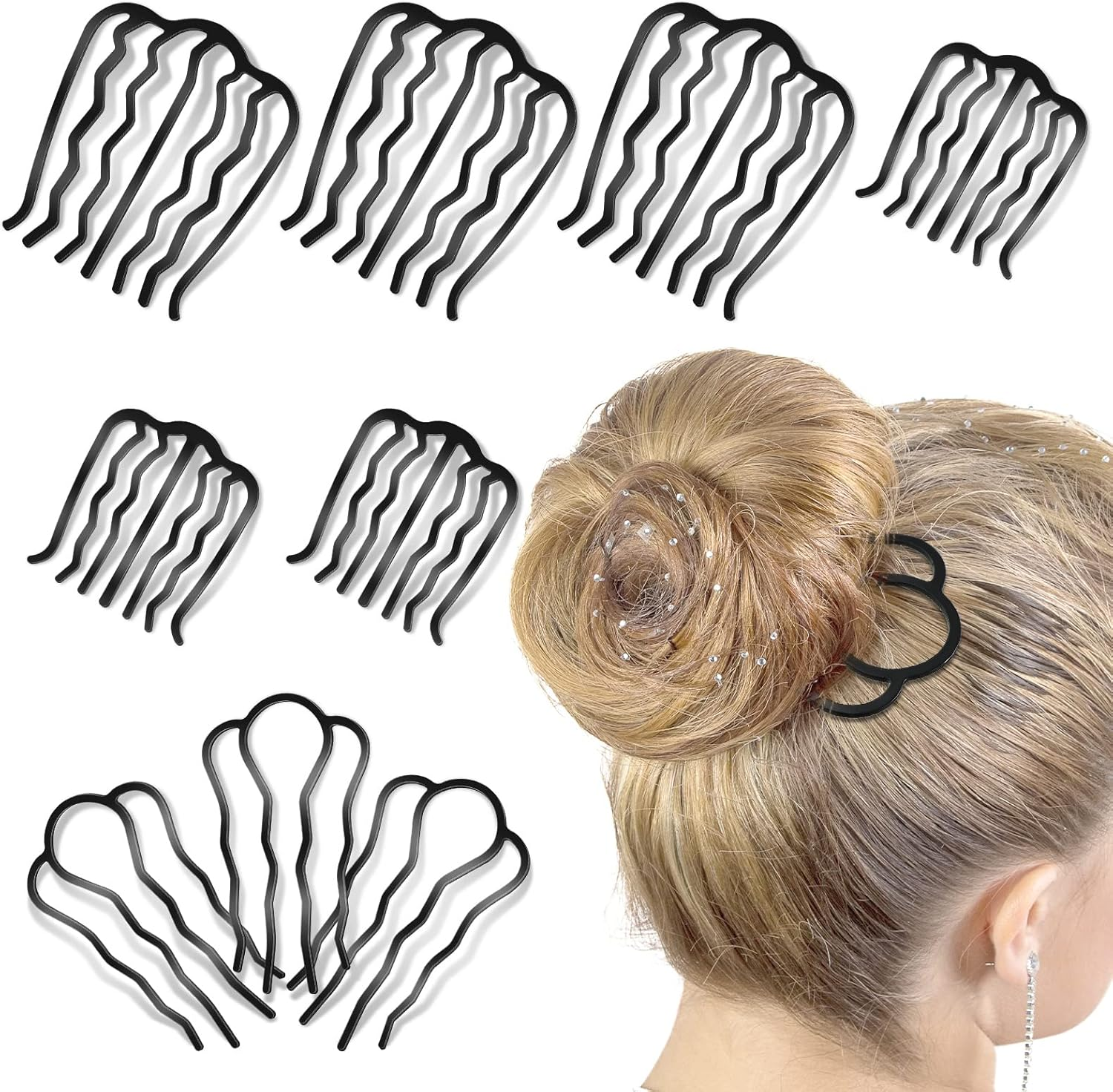 Giegxin 9 Pcs Metal Hair Combs & Pins, U-Shape Twist Hair Tool, Hair Side Combs for Women & Girls (Classic Style, Black, 9.5 X 8 Cm, 7.5 X 6.5 Cm, 9 X 5 Cm)
