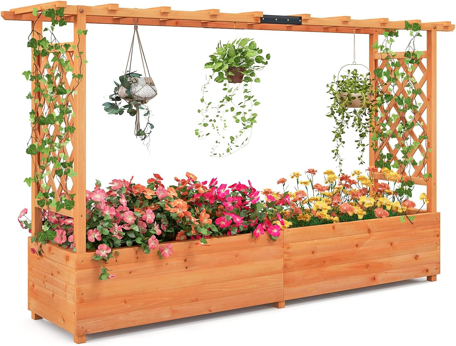 Giantex Raised Garden Bed with 2-Sided Trellis & Hanging Roof, Fir Wood Planter Box W/Drainage Holes, Bottom Gaps, Freestanding Garden Planter for Flowers Herbs Climbing Vines (79" X 17.5" X 45") image number 6
