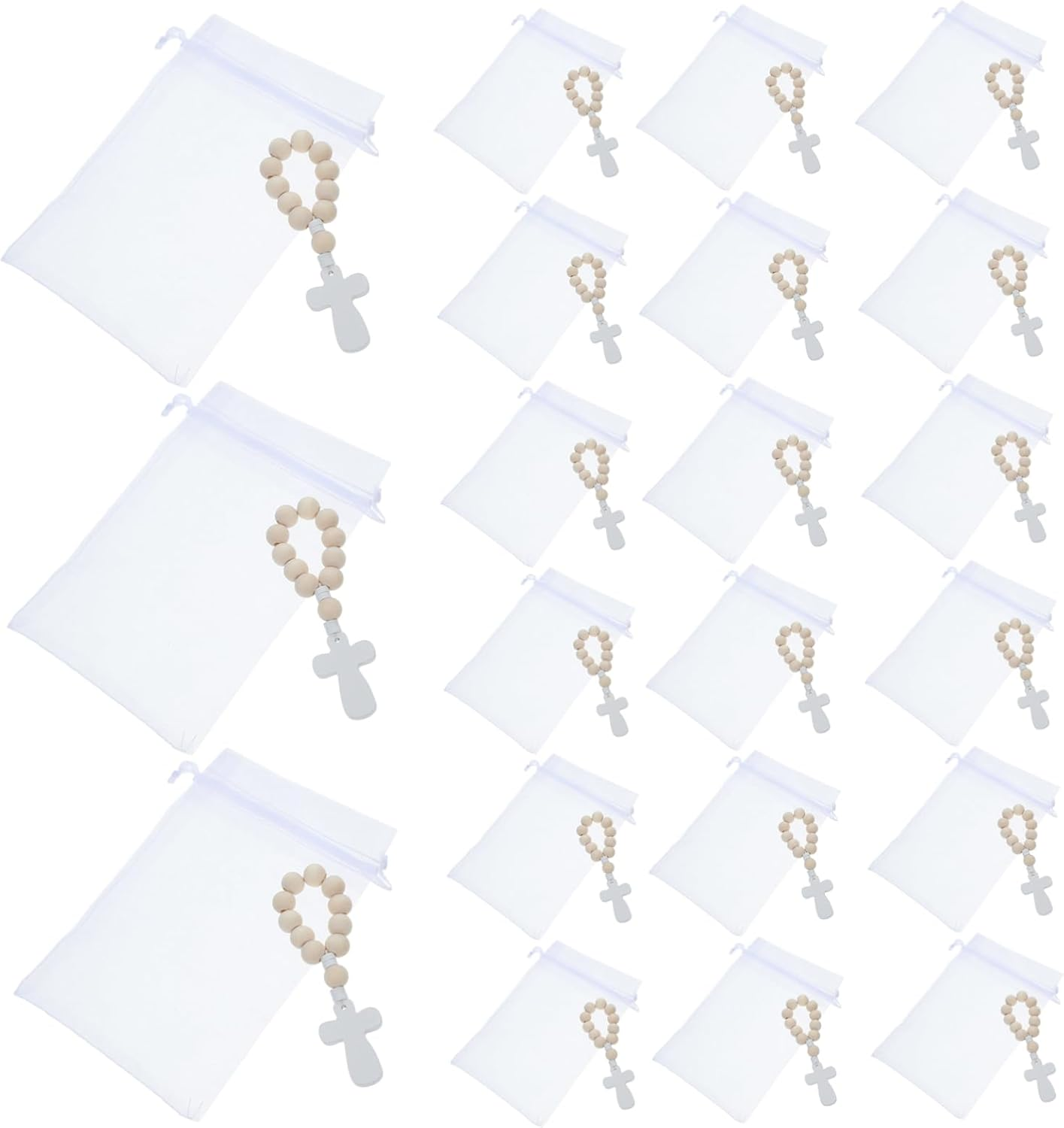 VILLFUL 40 Sets Wooden Bead Rosary Bracelets with Cross Charms for Baptism and First Communion Baby Shower Favors with Organza Bags image number 1