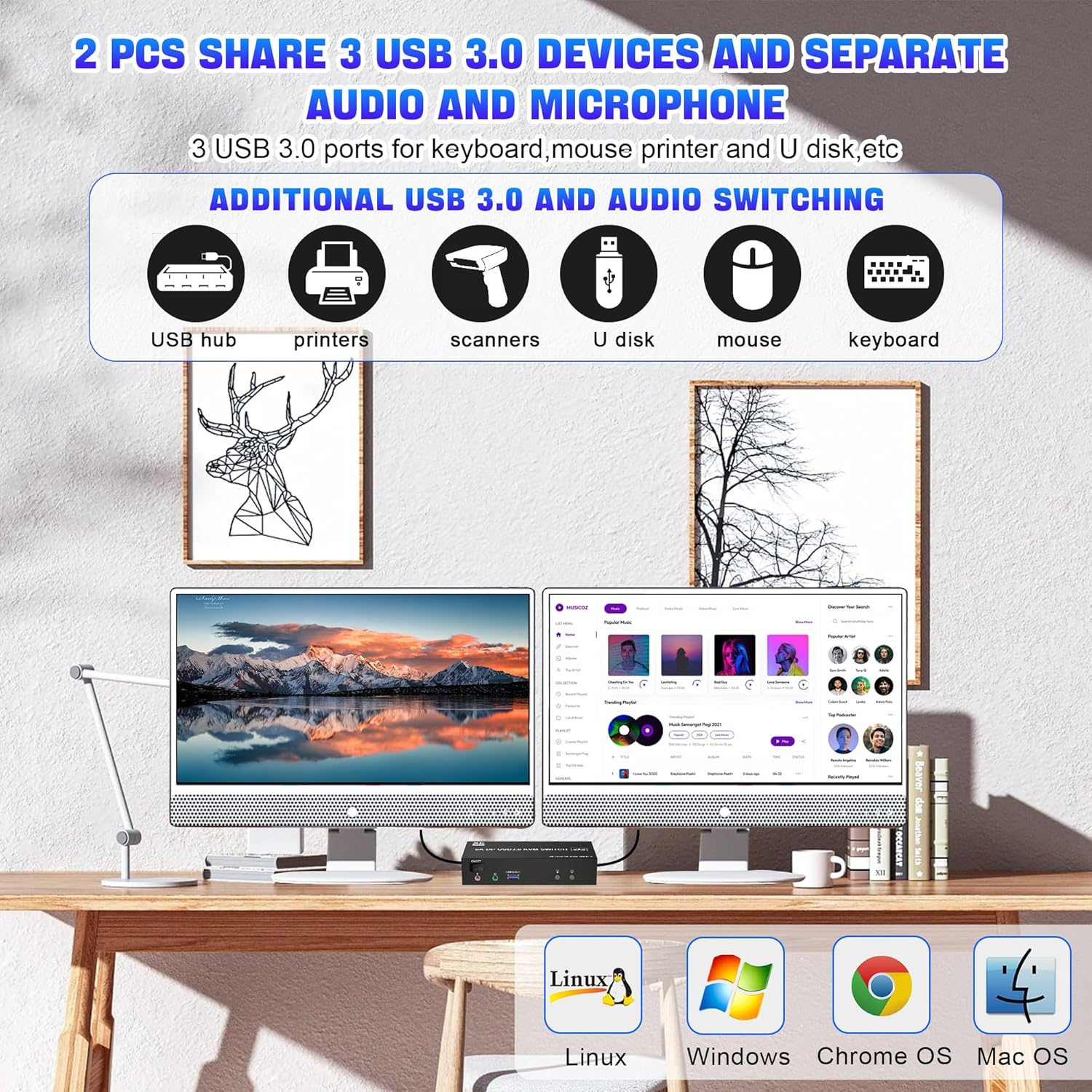 8K USB 3.0 Displayport KVM Switch 2 Monitors 2 Computers 8K@60Hz 4K@144Hz, Dual Monitor Displayport 1.4 KVM Switches with Audio Microphone Output and 3 USB 3.0 Ports, DP Switch for 2 Pcs 2 Monitors image number 6