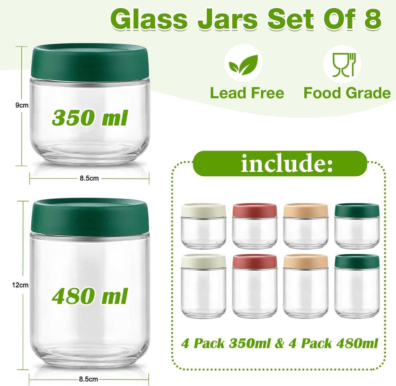 Misenfar 8 Pack 480/350Ml(16/12Oz) Overnight Oats Containers with Lids, Wide Mouth Glass Jars with Airtight Lids, Glass Food Storage Containers for Yogurt, Salad, Chia Pudding, Snacks, Cereal & Spices image number 3
