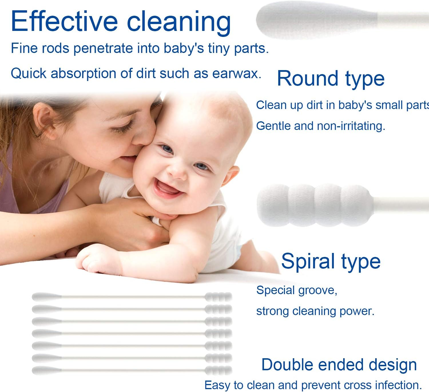 Baby Cotton Swabs, Paper Sticks Cotton Buds for Baby Ear Nose Clean-200Pcs(Spiral & Round) image number 1