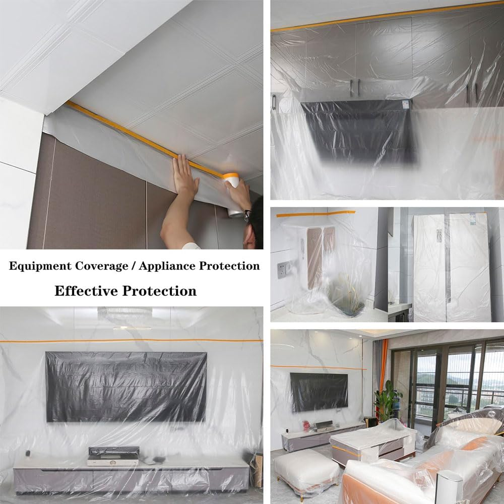 Pre-Taped Masking Film Protection for Appliance and Furniture Automotive Painters Wall Heavy-Duty Drop Cloth for Spray Painting Decorating Masking Tape Film(4 Rolls)