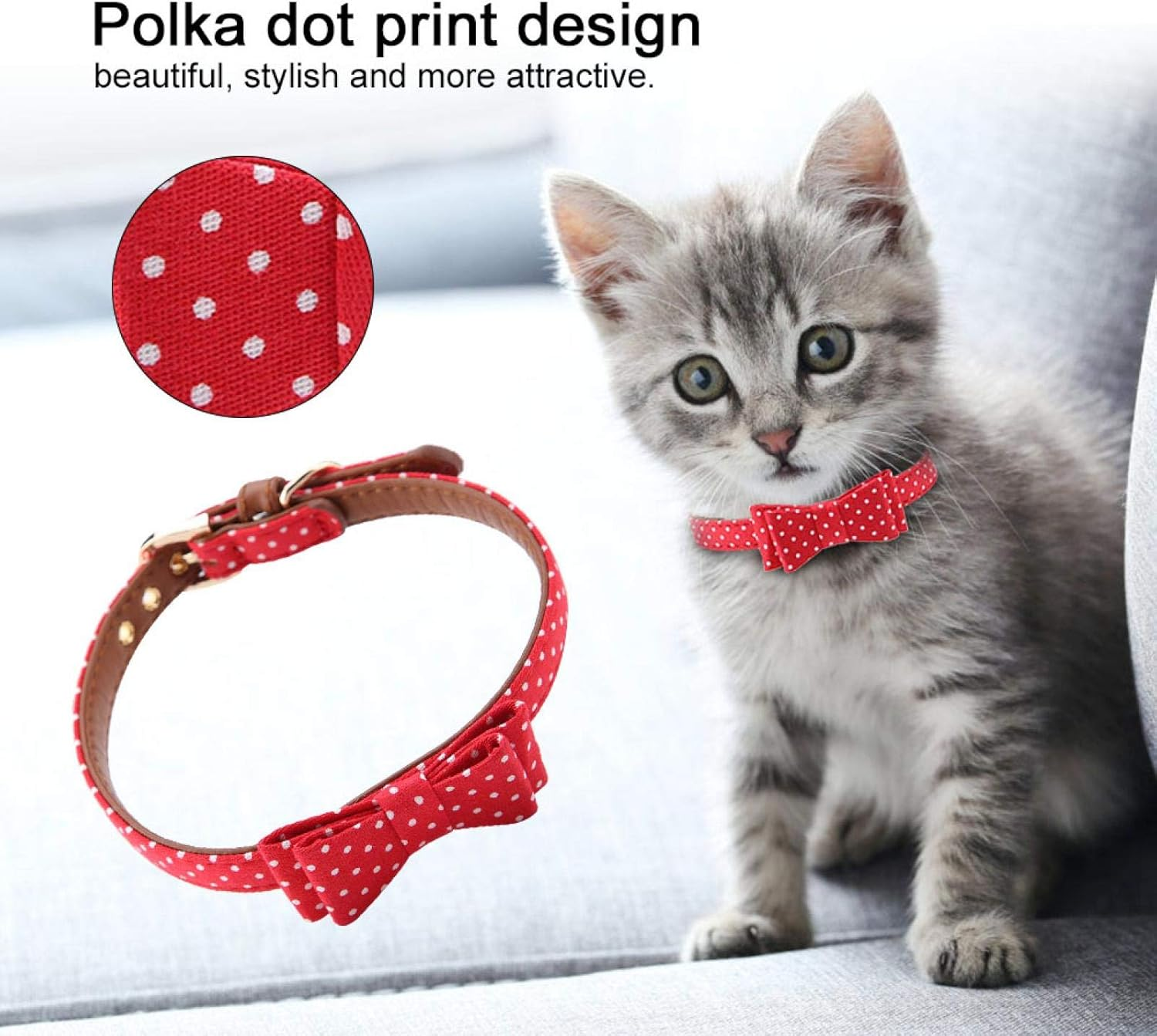 EVTSCAN Pet Collar with Bow, Pet Cat Dog Polka Dot Collar Classic Puppy Bowtie Adjustable PU Leather Dog Bow Tie(A-Red) image number 5
