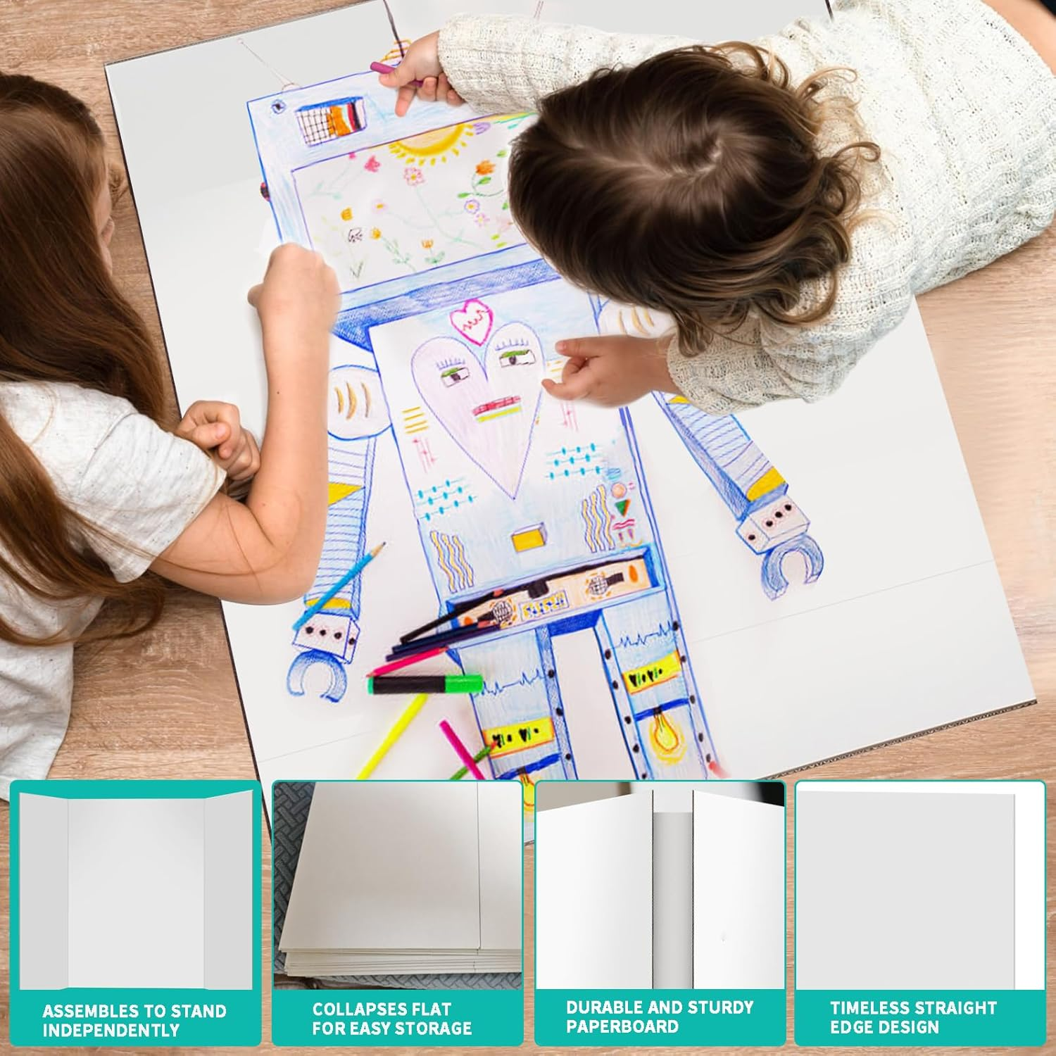 Doubleggs 10 Pack Small Trifold Poster Boards, 24" X 16" White Poster Board with 128 Sticky Accessories, Foldable Display Boards for School Projects, Business Presentations image number 4