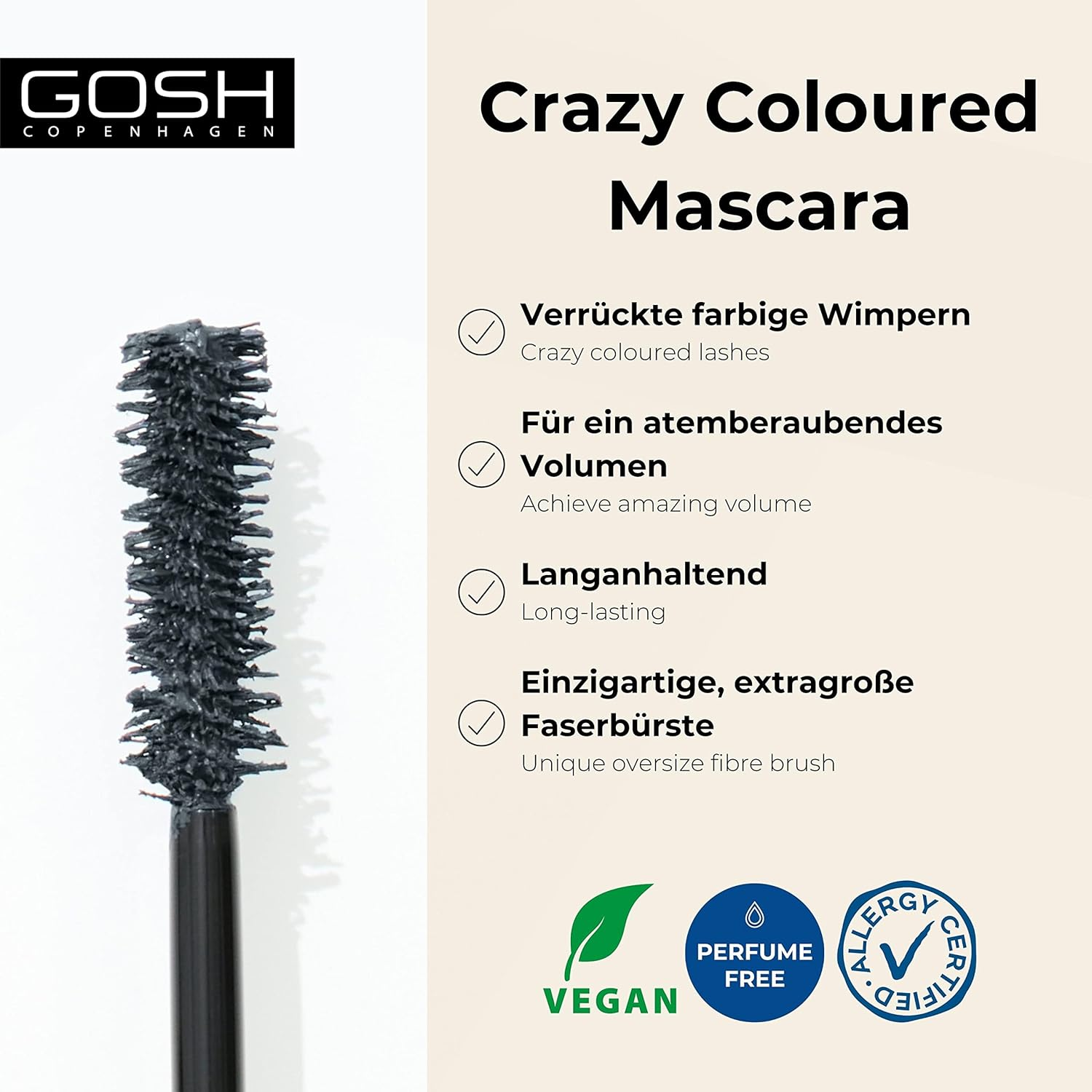 GOSH Boombastic Crazy Mascara for Extreme Volume and Long Eyelashes, Volume Mascara with Precise Brush Head, Eyelashes without Clumps, Skin-Friendly and Fragrance-Free, 004 Classic Grey - 003 Olive Green image number 3