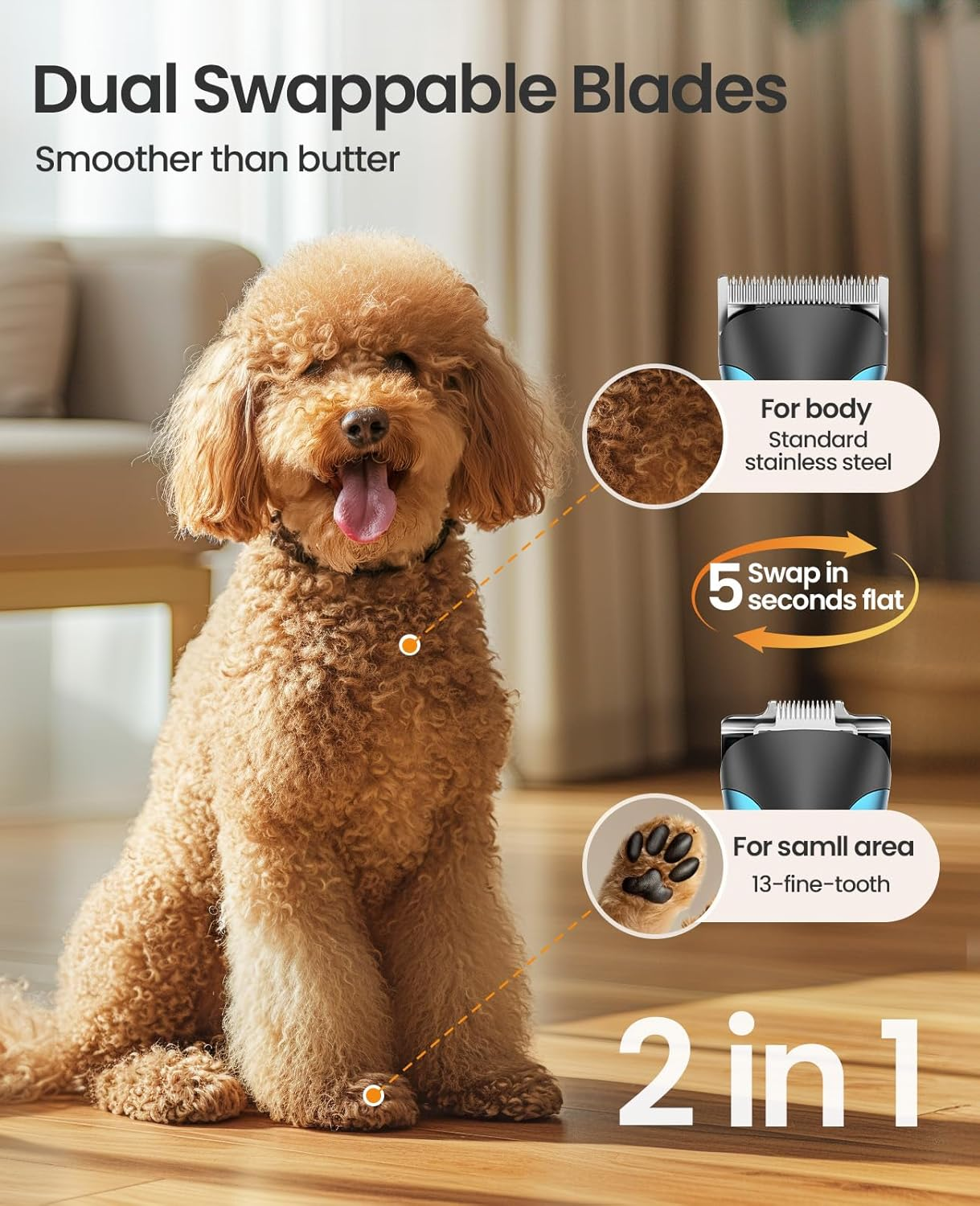 Oneisall Quiet Dog Clipper & Paw Trimmer 2 in 1 Set, Professional Clippers for Dog/Cat for Long Hair Matted Fur, Powerful Pet Hair Trimmer for Many Pets