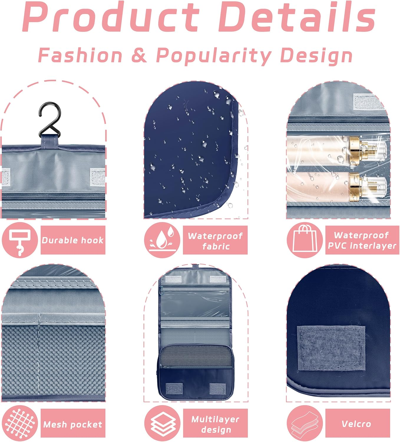 YEMEDA Toiletry Bag Travel Bag with Hanging Hook, Waterproof Capacity Hanging Multifunctional Makeup Bag for Toiletries, Portable Cosmetic Bag Travel Organizer for Women and Men, A6-Royal Blue, Travel image number 6