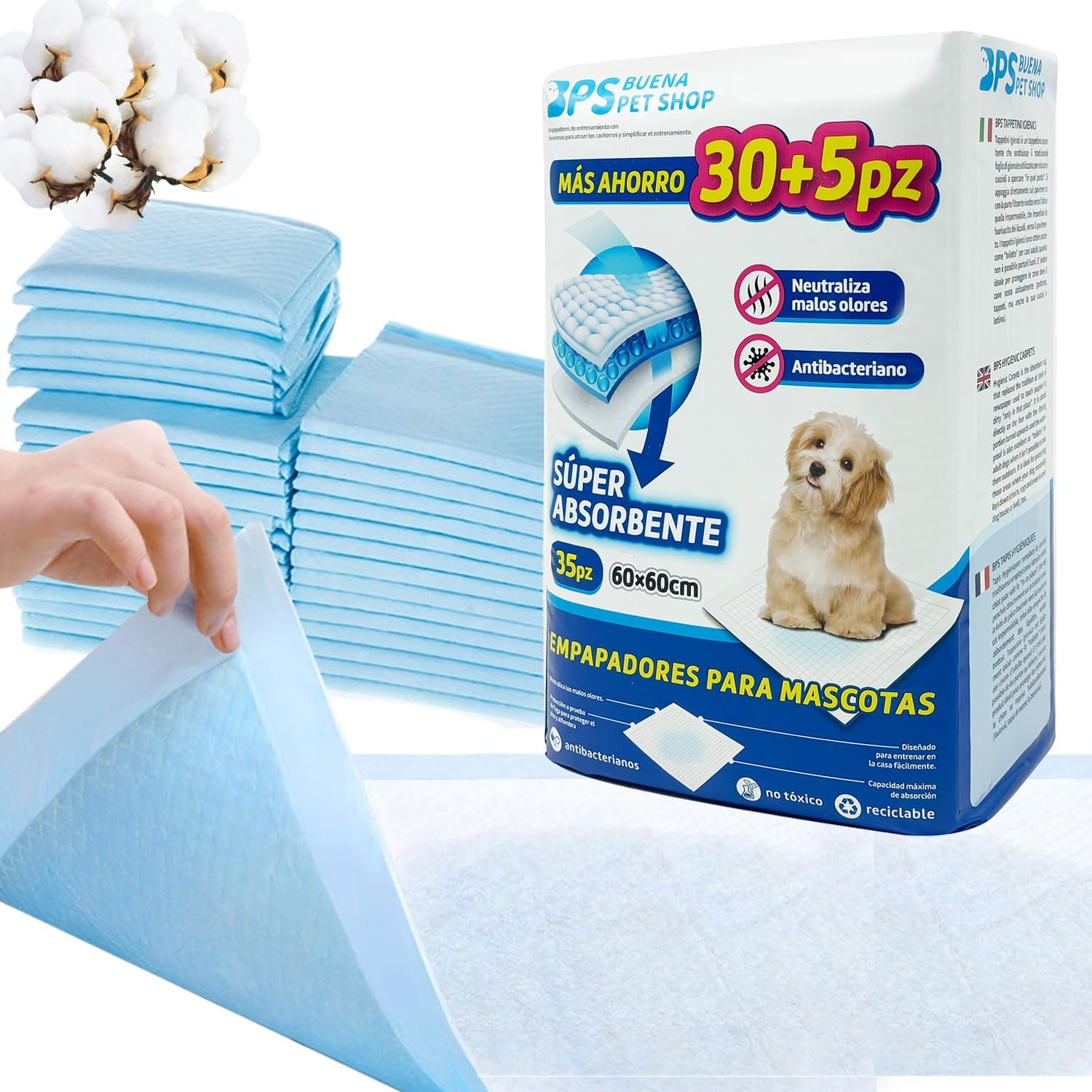 BPS Training Pads for Dogs and Cats (Pack of 15, 40 X 50 Cm, Blue, Polyethylene, Cellulose) image number 1
