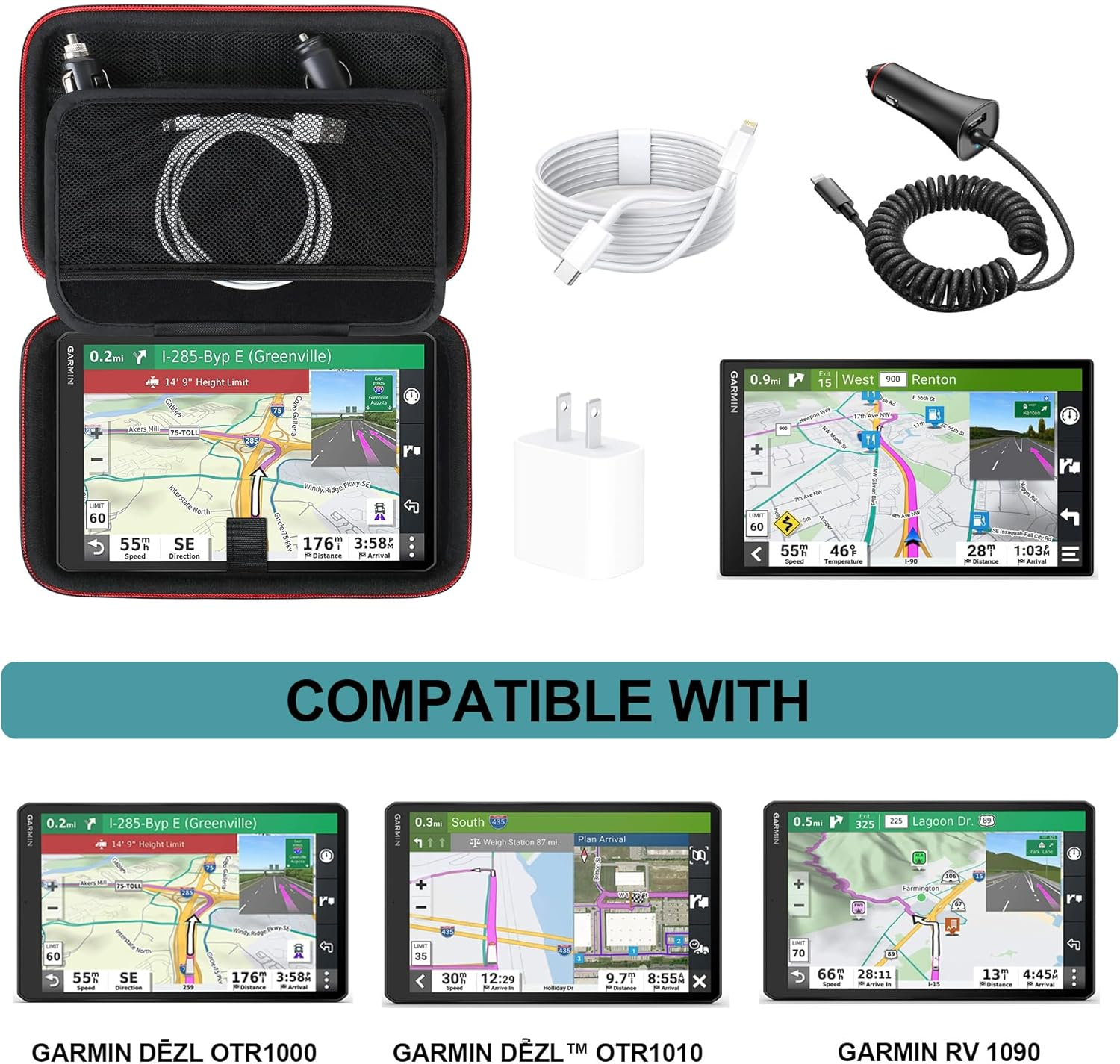 Supmay 10 Inch GPS Case for Garmin Dēzl OTR1000 / Dēzl&trade; OTR1010, Garmin RV 1095 / RV 1090 10-Inch GPS Truck Navigator System, Hard Travel Case with Mesh Bag for Vehicle Power Cable USB Cable, Black image number 5