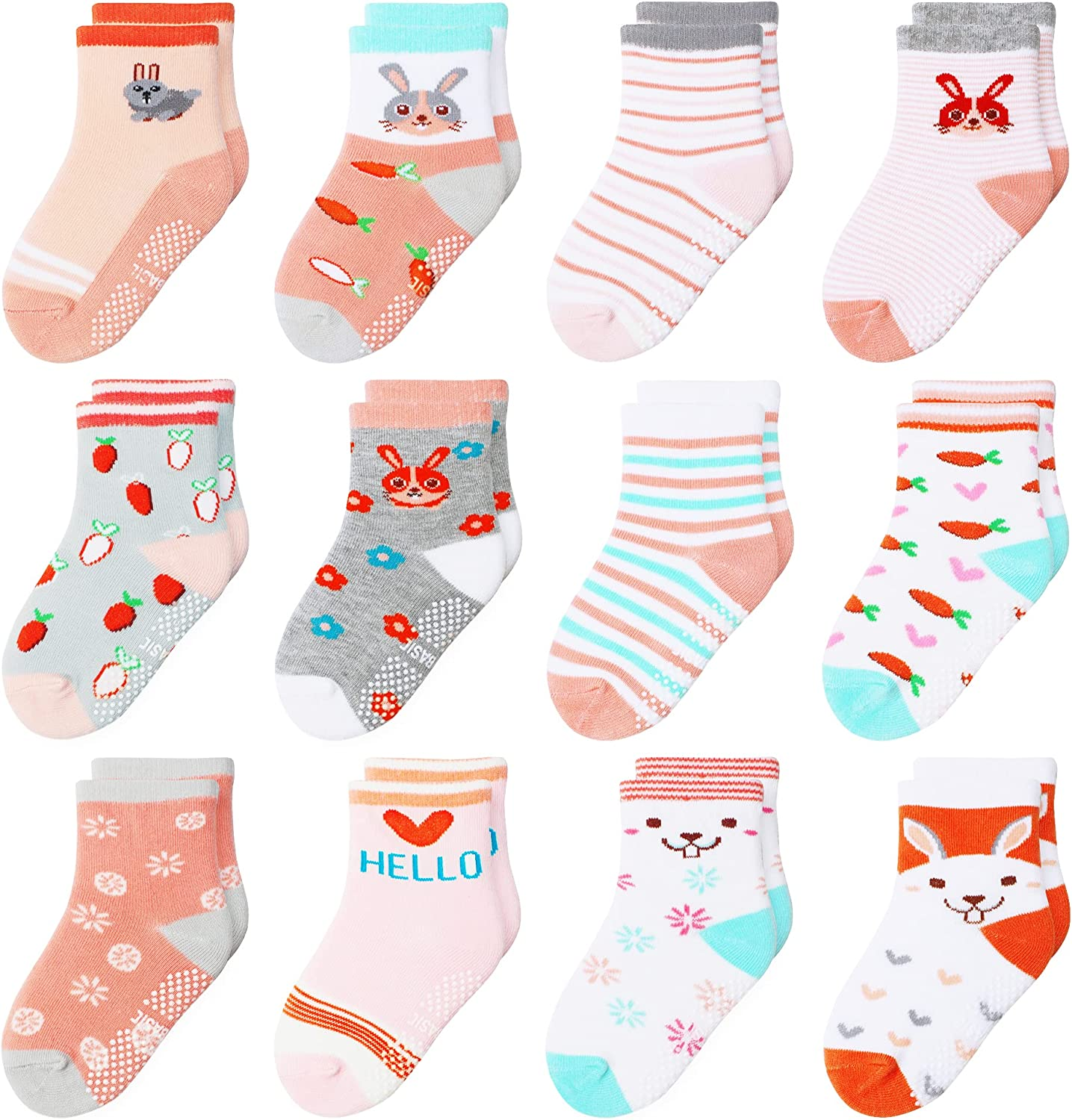 Hyzgb 12 Pack Non Slip Kids Toddler Baby Socks with Grips for 1-7 Years Boys Girls Cotton Crew Socks Multi Colors