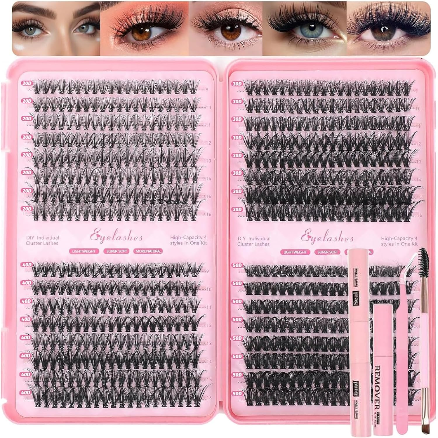 Lash Clusters Kit, 640 Pcs Eyelashes Clusters Extensions Kit 9-16Mm Individual Lashes D Curl Flufffy Wispy False Eyelashes Thin Band, with Bond Seal Tweezers Brush DIY (20D+30D+40D+50D Set 9-16Mm)