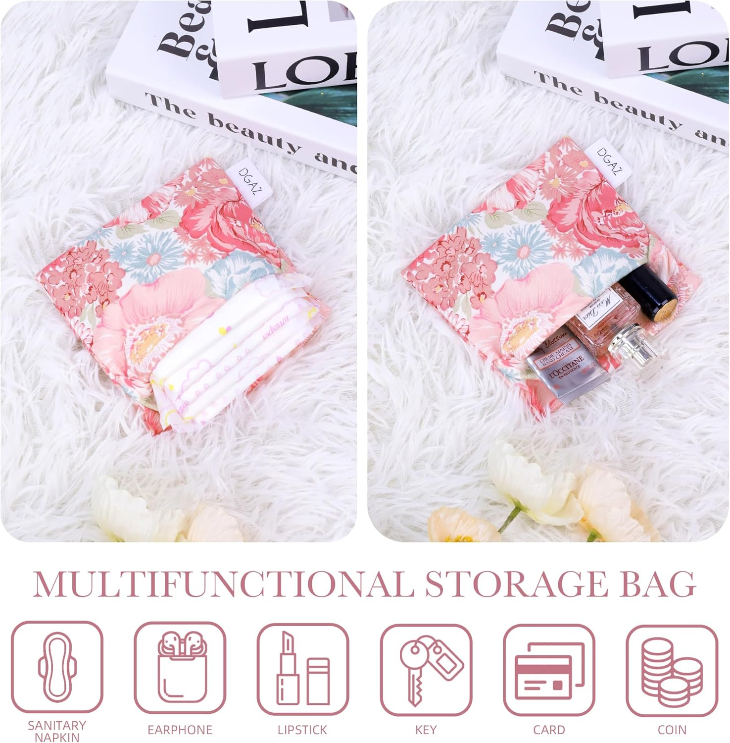 DGAZ Sanitary Napkin Storage Bag, Period Bag for Teen Aged Girls, Portable Period Bag for Panty Liners/Menstrual Cup/Small Tampons，Mini Makeup Bag for Purse(Blooming) image number 3