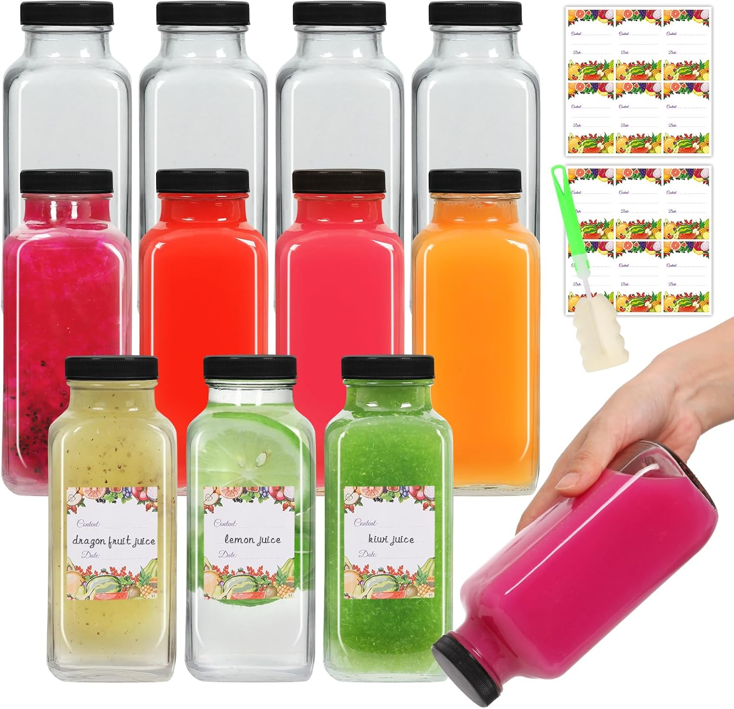 Aurotrends 8 Oz Glass Bottles with Lids 12Pack, 250Ml Glass Bottles for Juicing, Water, Kombucha - Portable Glass Juicing Bottles Reusable Glass 8Oz (8Fl.Oz, Set of 12)