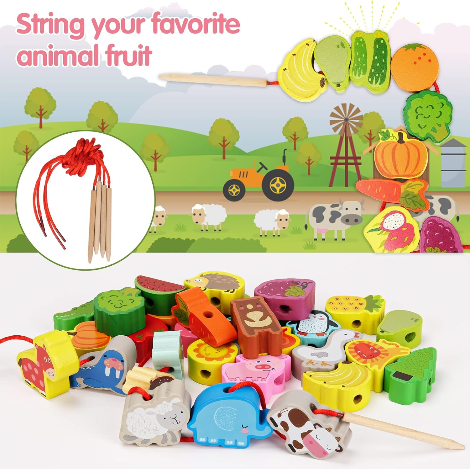 Montessori Toys for Toddlers 2-4 Year Old, Learning & Educational Toys Wooden Fruits & Animals Lacing Travel Sensory Toys for Girls Boys 1 2 3 Year Old Gifts Fine Motor Skills Kids Birthday Present image number 3