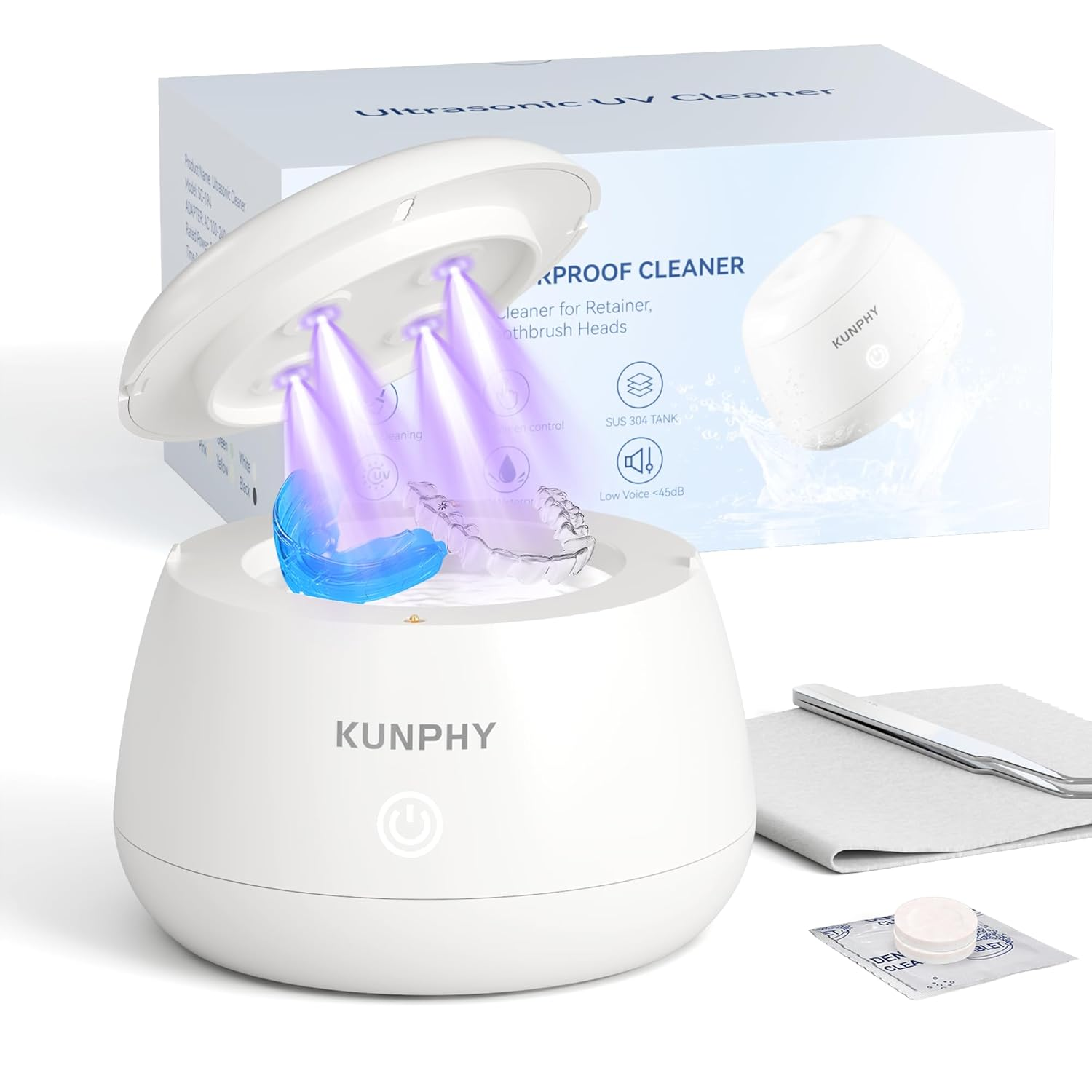KUNPHY Retainer Cleaner, 48Khz Dental Pod with Cleaning Tablets, Water-Proof Ultrasonic Retainer Cleaner for Deep Cleaning Night Guard, Mouth Guard, Aligner, Jewelry, White image number 2