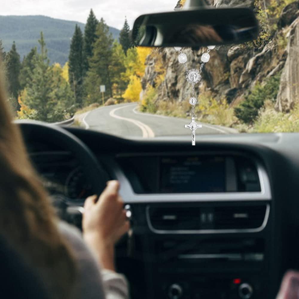 4 Pcs Rosary Beads Catholic, Finegood Cross Car Mirror Hanging Accessories Blessing Auto Rear View Mirror Pendant Car Decor Interior image number 6