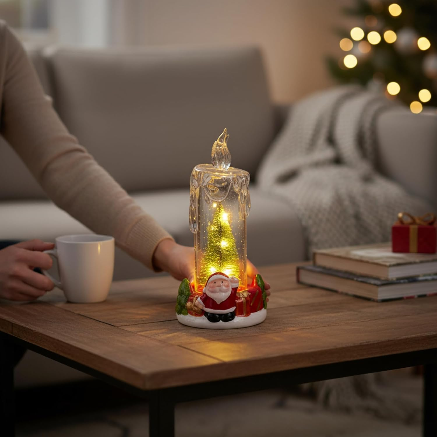 MIJOMA LED Candle Christmas Decoration with Christmas Tree and Santa Figure - Luminous Winter Scene Made of Acrylic and Dolomite - Atmospheric LED Christmas Lights for Home (Santa)