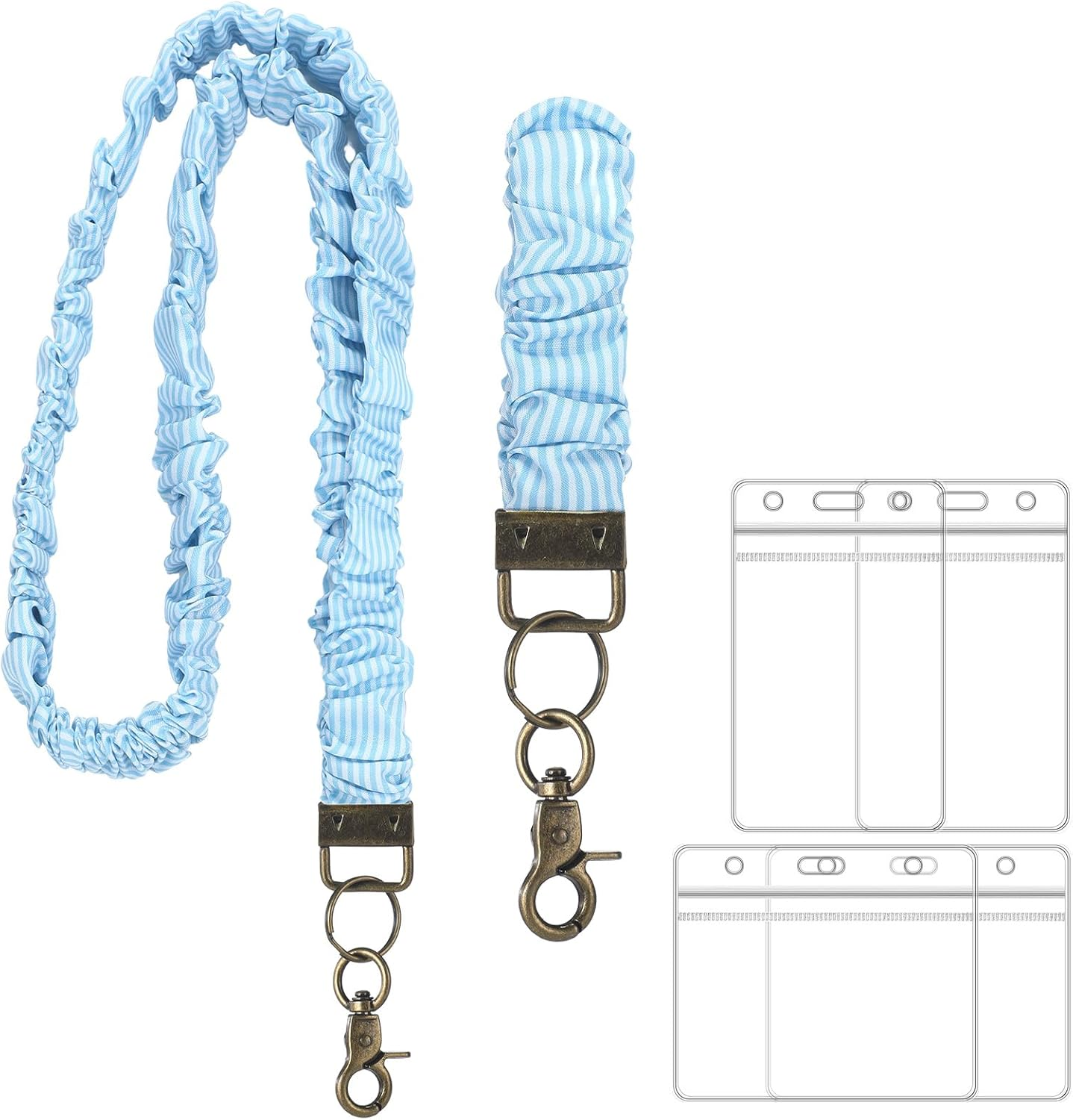 Marspark 2 Set Scrunchie Lanyards with 4 Card Holders for ID Badges and Keys Cute Stretchy Scrunchie Neck and Wrist Lanyards for Teacher Women Nurses School Office Supplies(White Green, Checked)