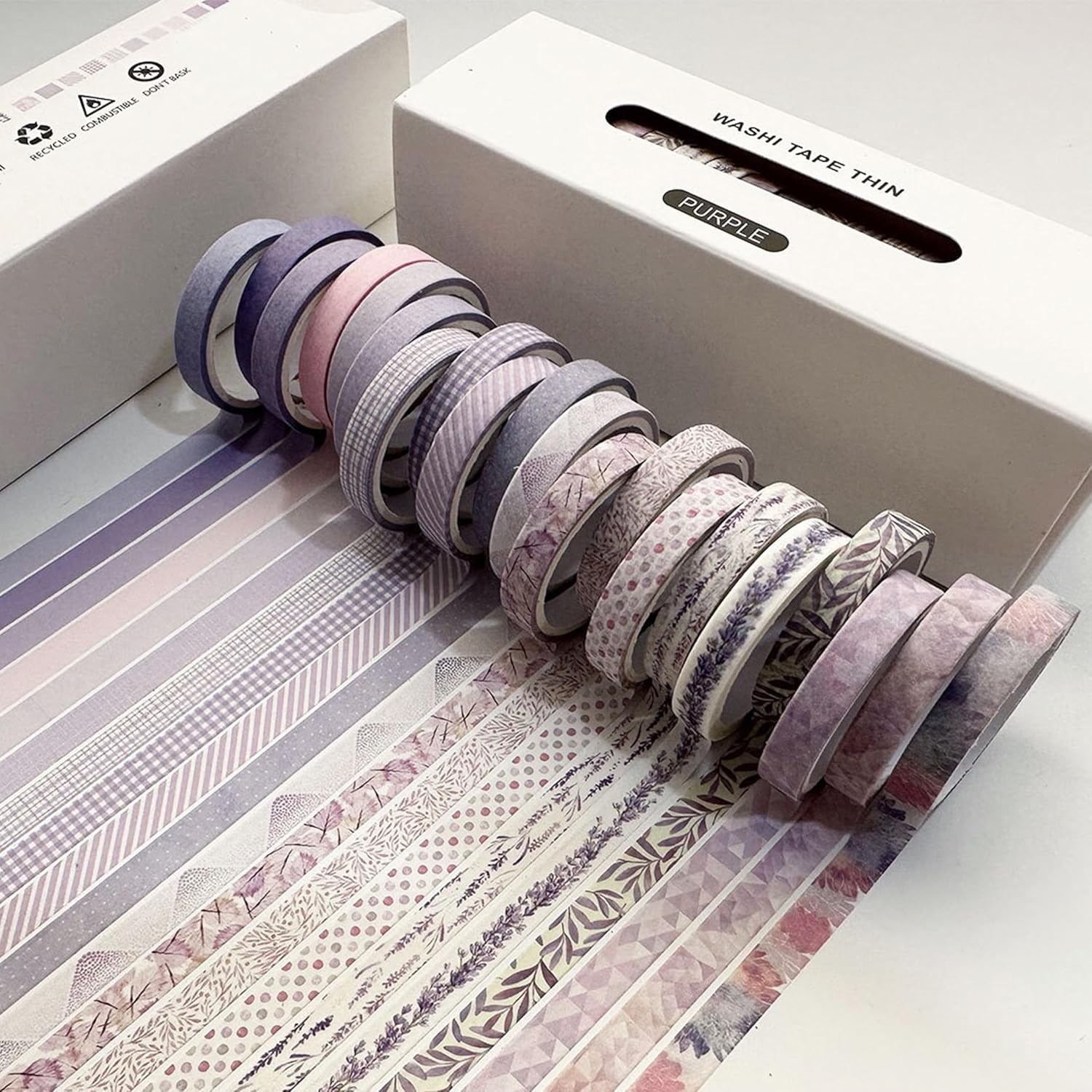 YUBX Vintage Washi Tape Set 20 Rolls Skinny Retro Decorative Antique Patterns Masking Tapes for Arts, DIY Crafts, Journals, Planners, Scrapbook, Wrapping (Purple) - Kawaii image number 3