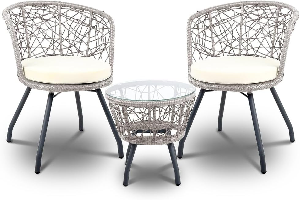 Gardeon 3Pcs Wicker Patio Furniture, Bistro Set Table and Chairs Outdoor Lounge Setting Conversation Sets Dining Chair Garden Backyard, Cushion with Rattan Coffee Table round Grey image number 4