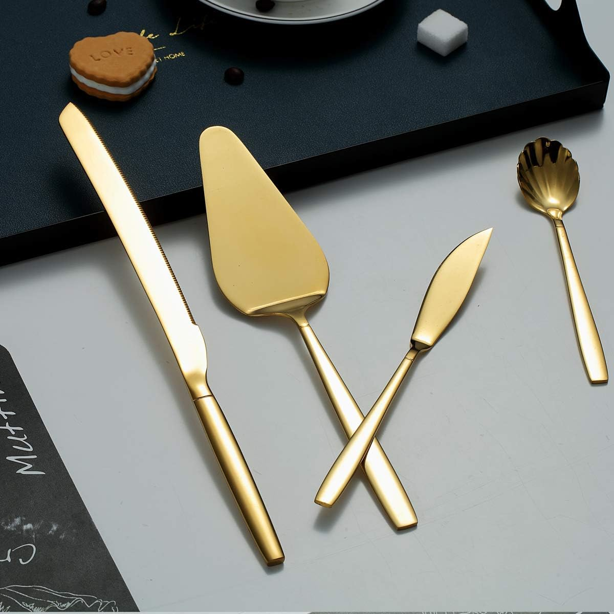 Berglander Gold Serving Utensils 10 Pieces, Titanium Golden Plating Serving Spoons, Included Cake Knife Cake Server Serving Forks Sugar Spoon Salad Spoon Forks Butter Knife Gravy Ladle Ect. image number 4