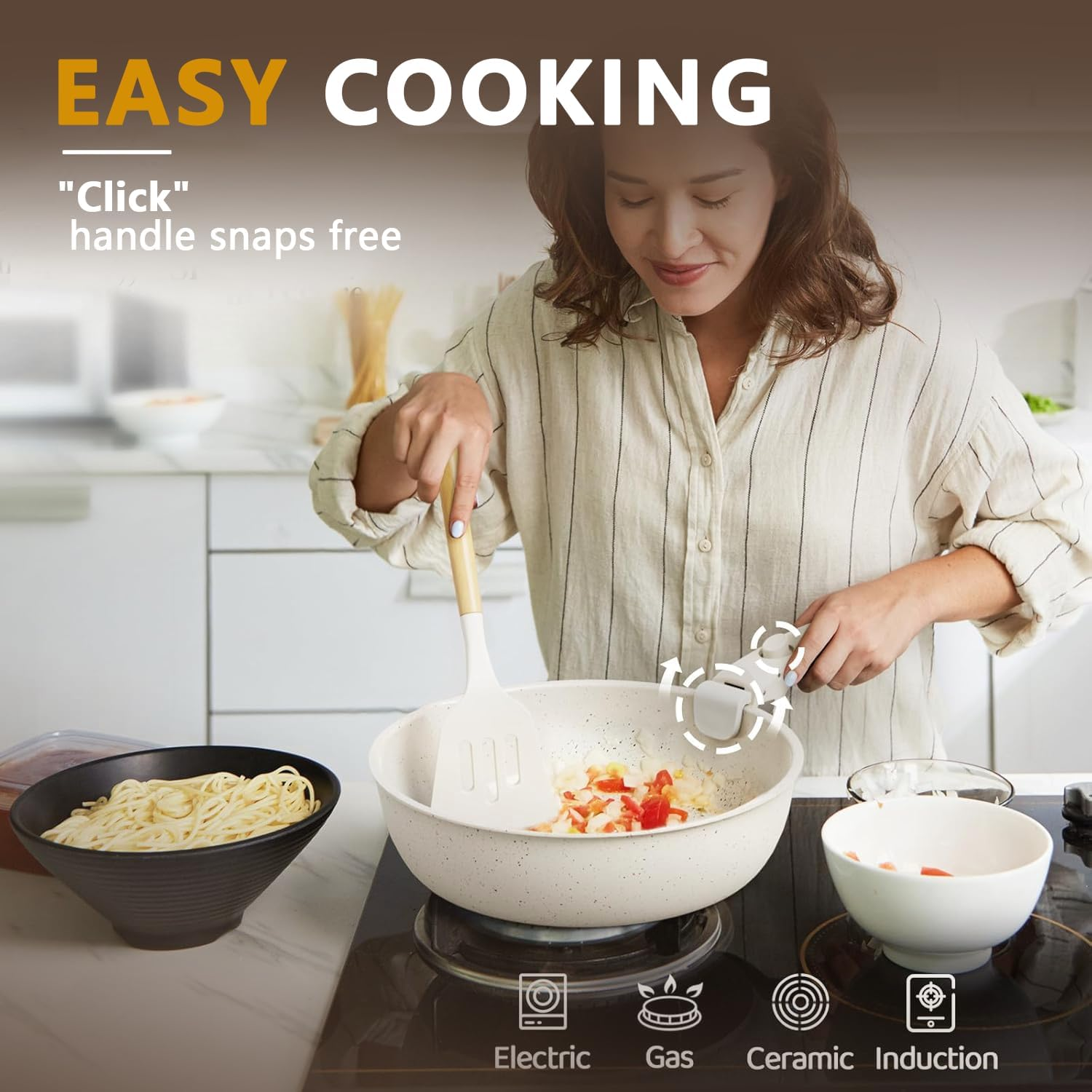 22 Piece Pots and Pans Set, Nonstick Cookware Sets Removable Handles, Cream Induction Cookware Non Stick Cooking Set W/Frying Pans & Saucepans(Pfos, PFOA Free) image number 5