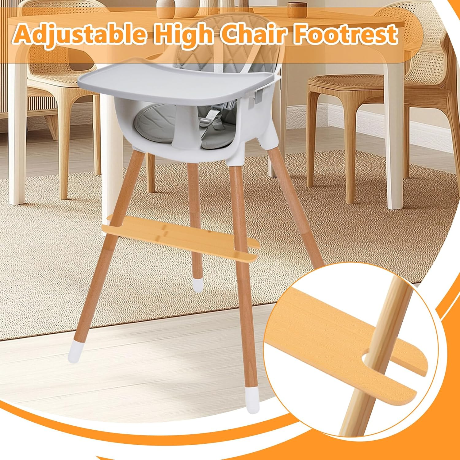 Bamboo High Chair Foot Rest - Adjustable Height, Prevent Slip Baby Highchairs Pedal Bamboo Wooden Footrest High Chair Accessories image number 3