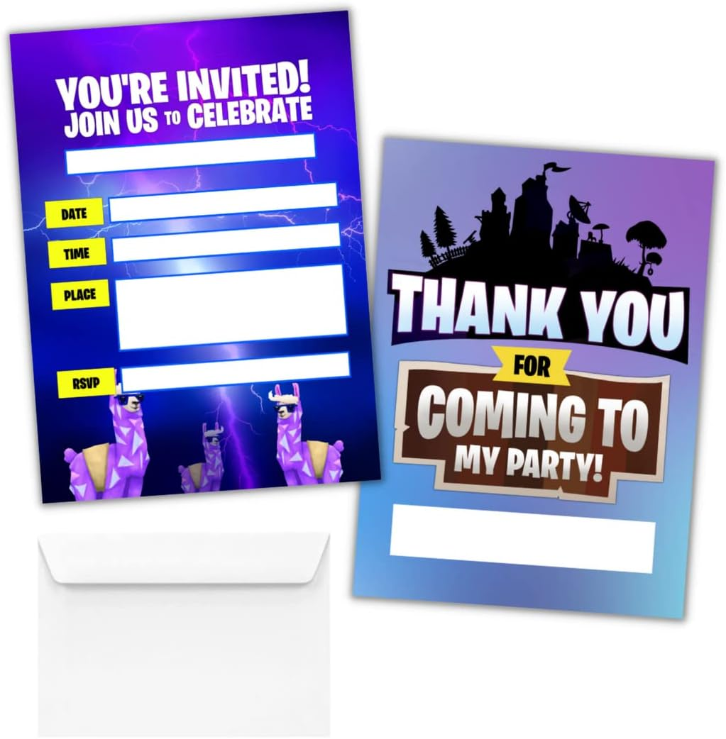 Hat Acrobat 20 Birthday Invitations for Boys with Envelopes and Thank You Cards - Game on Birthday Party Supplies (Purple) image number 1