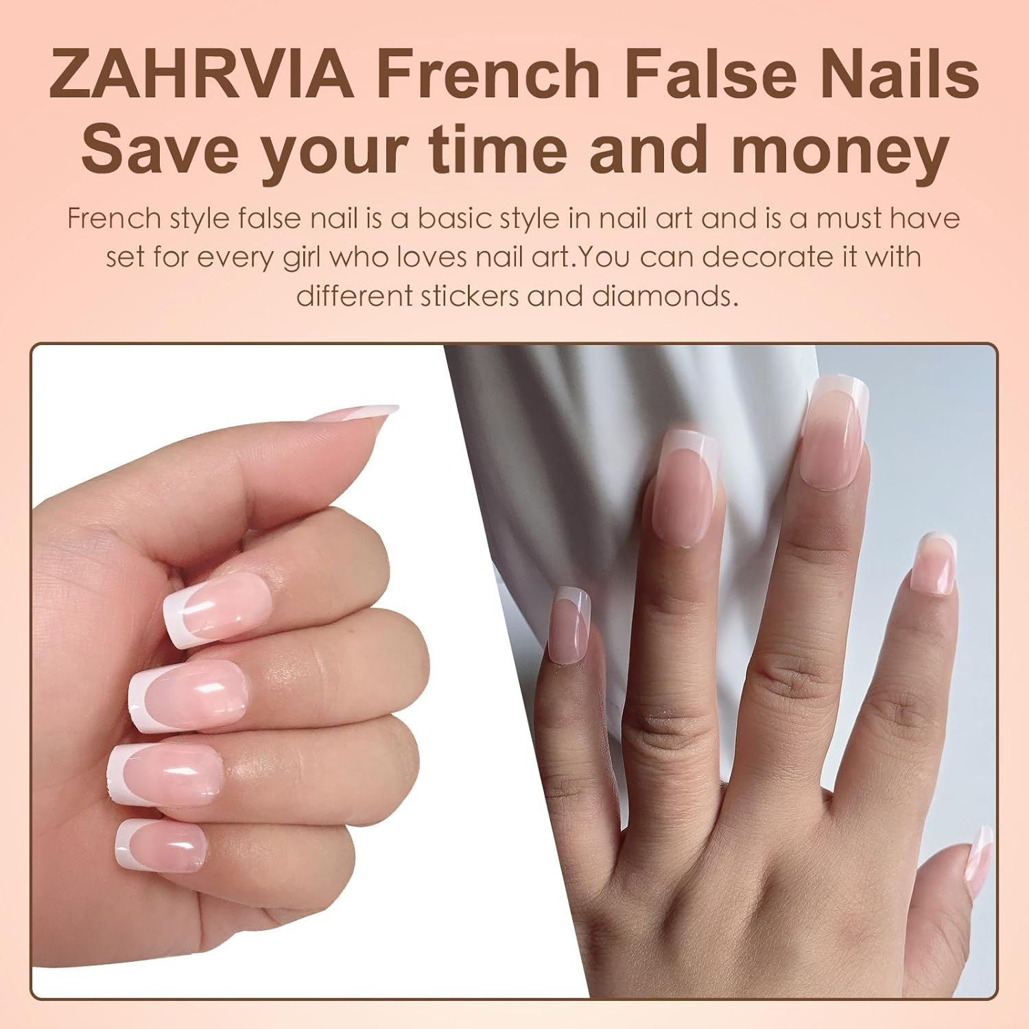 ZAHRVIA Press on Nails, Jelly Pink Short Square False Nail Glossy-120 Pcs Fake Nails French Tip Glue on Nail Art Manicure (Square Short Round) - Gradient Short Square image number 3