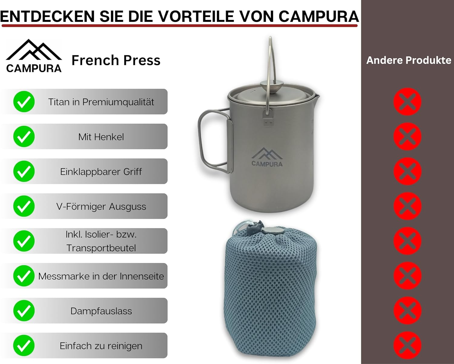 Campura Titan French Press Pot - 750 Ml Precision Filter, Lightweight & Compact, Outdoor Coffee Maker, Camping French Press image number 2