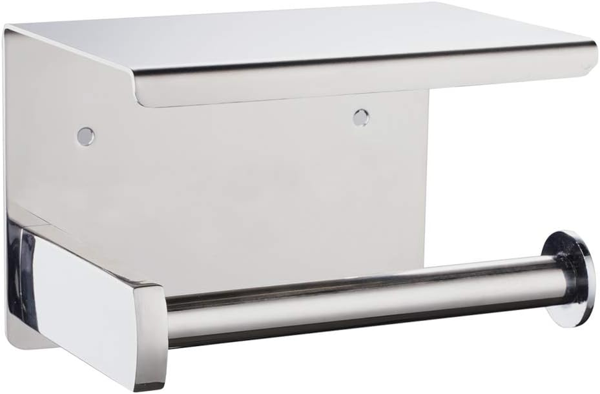 Toilet Paper Holder with Shelf Wall Mounted, Adhesive Toilet Paper Roll Holder, Stainless Steel Tissue Roll Dispenser Storage, Adhesive No Drilling or Drilling with Screws (Polished Chrome) - Gold image number 2
