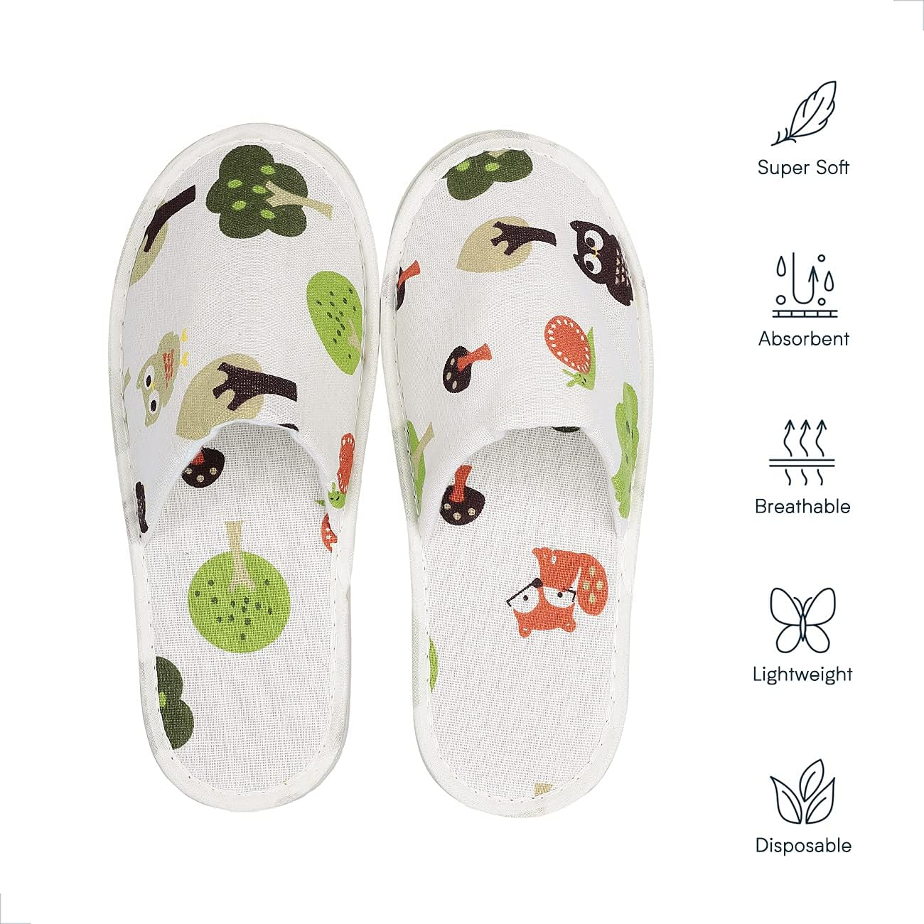 6 Pairs Cute Disposable Slippers, Cotton Cloth Closed Toe Spa Slippers for Women and Men, Breathable Non-Slip Slippers for Hotel, Guests, Travel, Forest