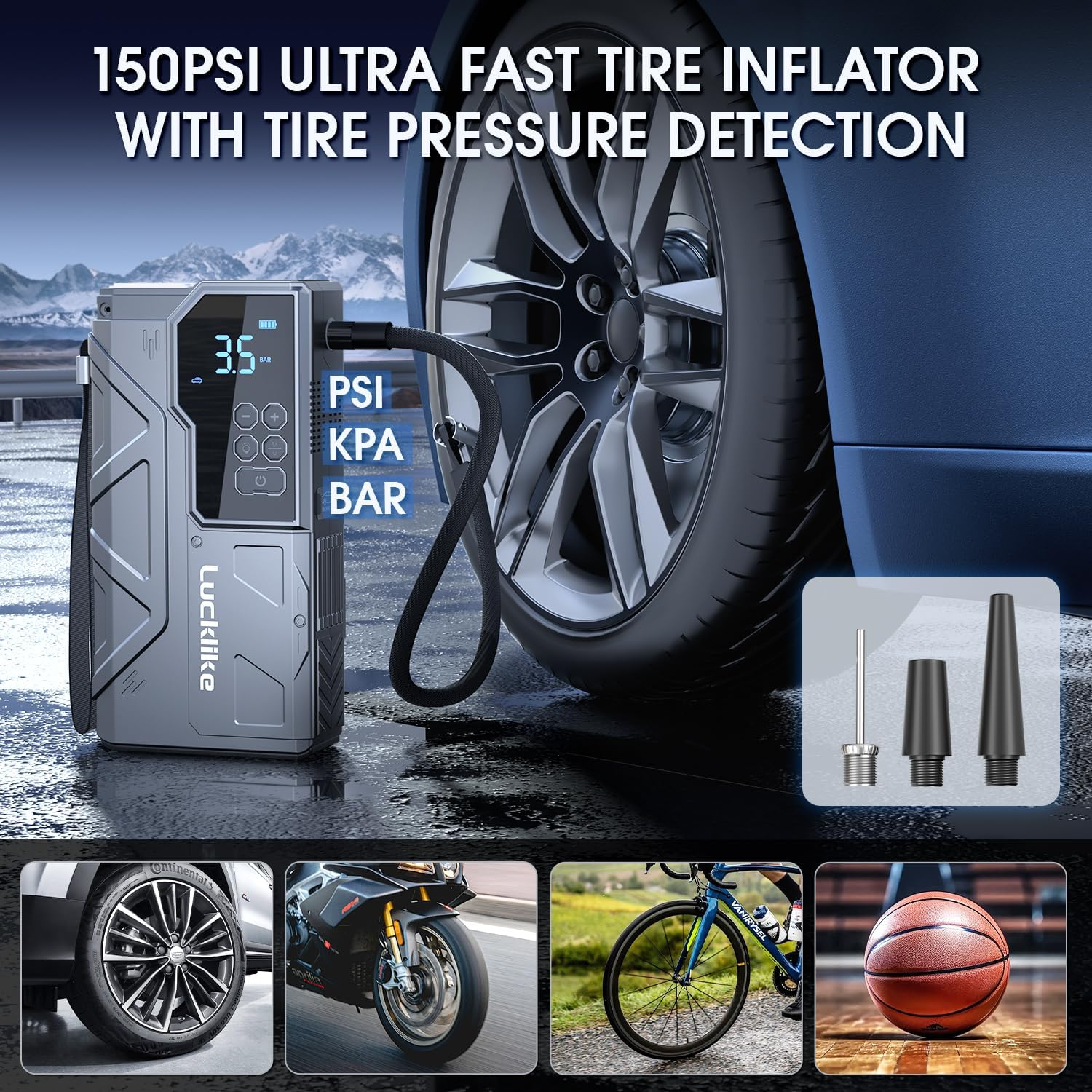 Lucklike Jump Starter with Air Compressor, 4000A 150PSI Portable Car Battery Jumper Starter Pack for 10L Gas and 8L Diesel, Tire Inflator with Presssure Detection, 12V Jump Box with Flashlight (Gray) image number 3