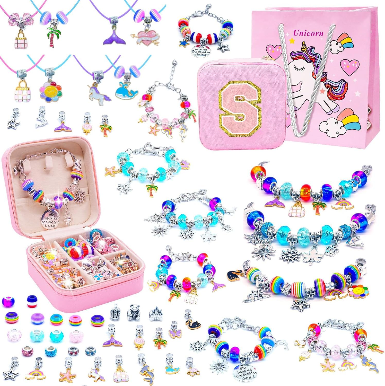 MOTYYA Charm Bracelet Making Kit for Girls 8-12, Art & Crafts for Ages 6-8 Kids DIY Jewelry Making Kit with Initial Box Perfect Personalized Gift 7+ 9 10 11 Year Old Girls Birthday Christmas Stuff - S image number 1