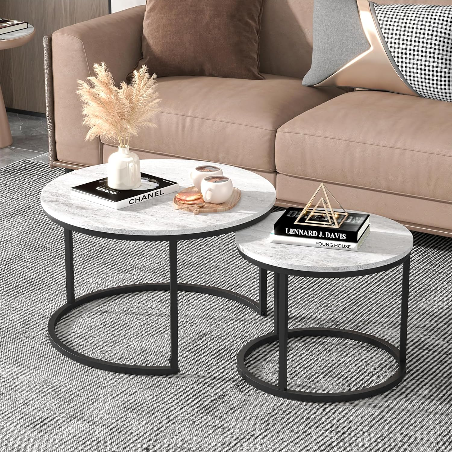 Advwin Coffee Table Set of 2, round Nesting Table Marble Pattern Wooden Side Table Metal Frame End Table for Living Room White