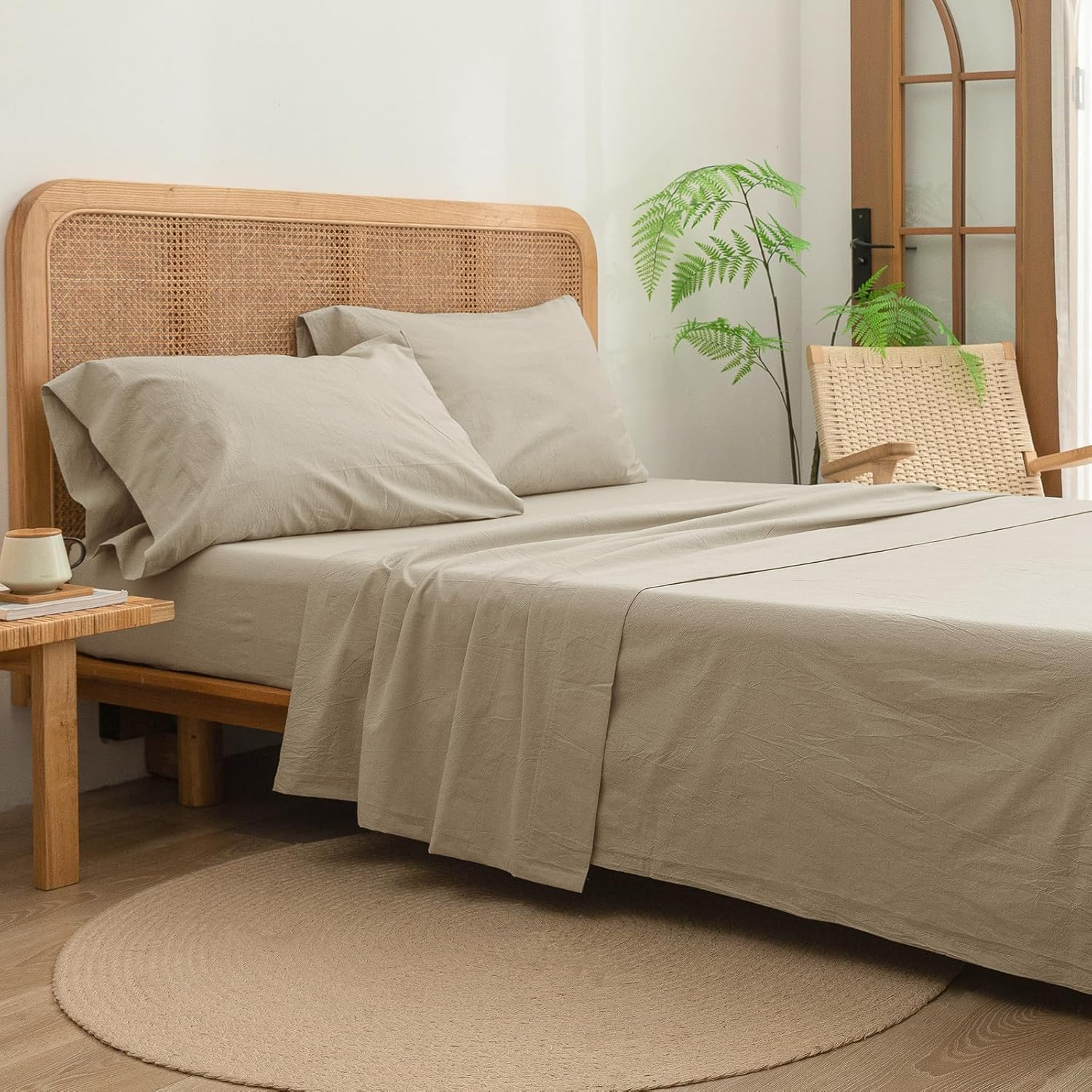 BESTOUCH Flat Sheet Only 100% Washed Cotton Linen Feel Wrinkle-Free, Fade-Resistant, Stain-Resistant, Bed Top Sheet, Solid Almond Milk Grey King image number 7