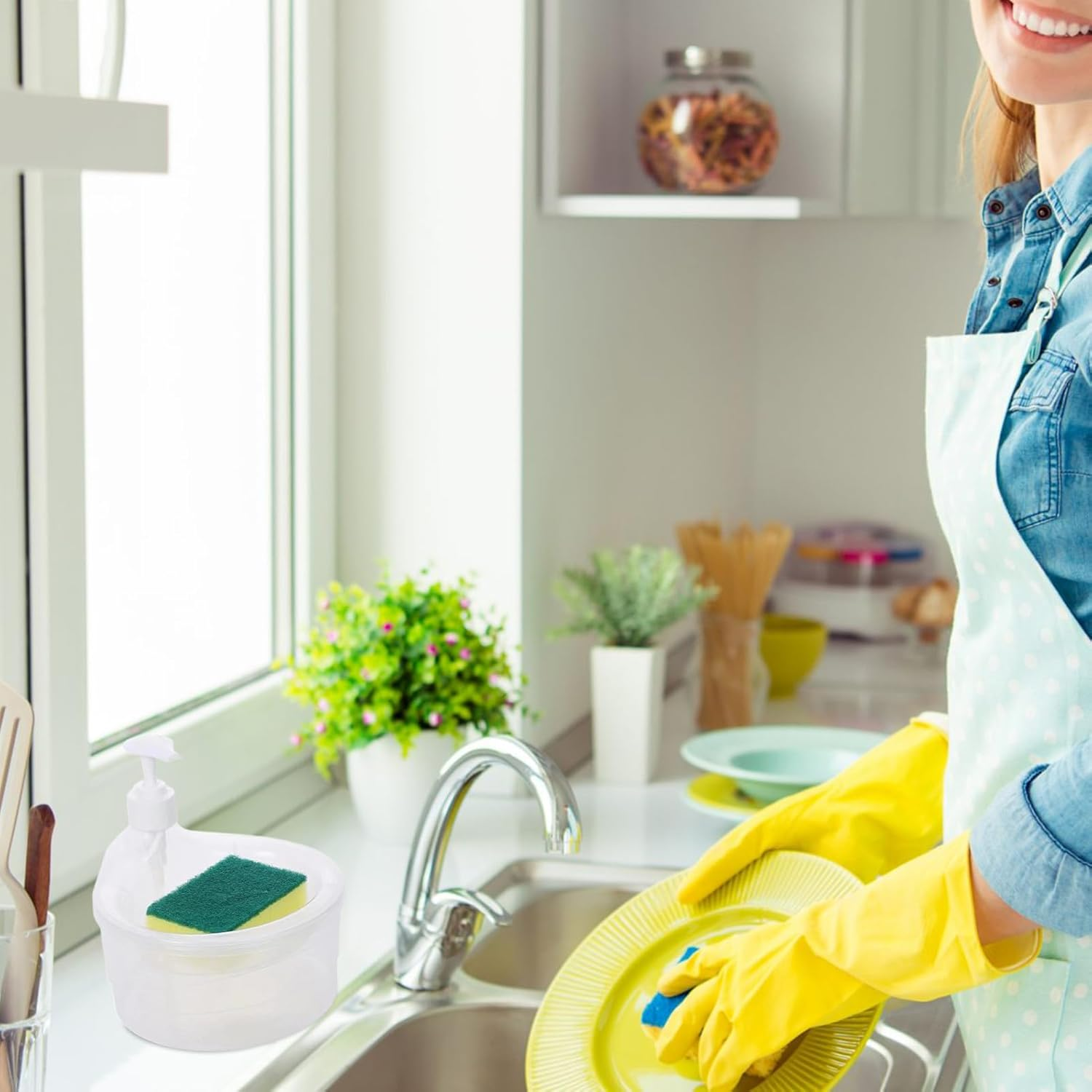 Dishwashing Soap Dispenser - Household Dish Soap Dispenser Bowl | Sponge Holder Sink Dish Washing Soap Dispenser, 2-In-1 Kitchen Sink Countertop Organizer with Sponge - Green image number 3