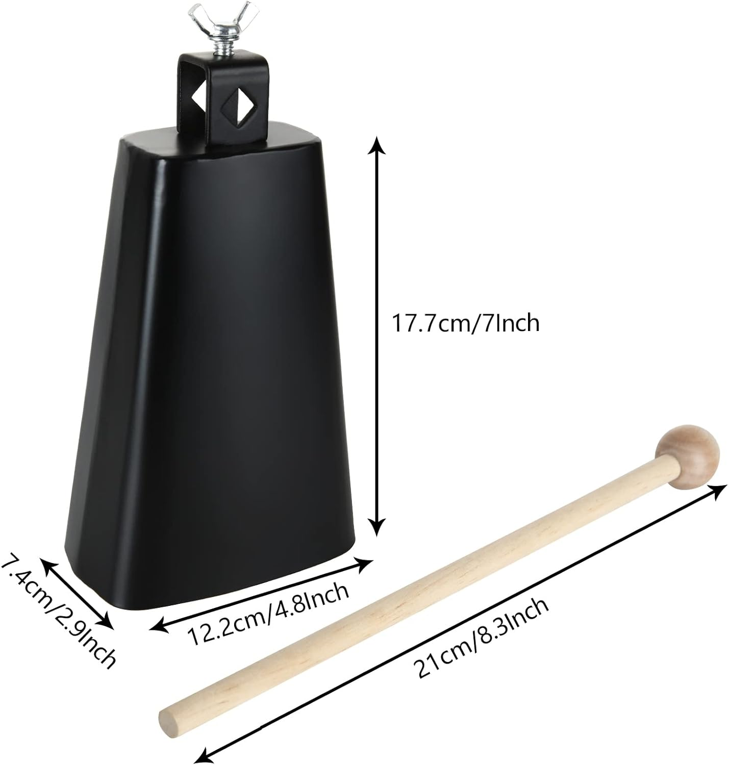 Acrux7 7 Inch Large Cow Bell Noise Makers, Metal Cowbell with Handle and Stick, Hand Percussion Music Cowbell for Sporting Events, Drum Set, Church, Weddings, Beautiful Clear Tapping Sound (Black)