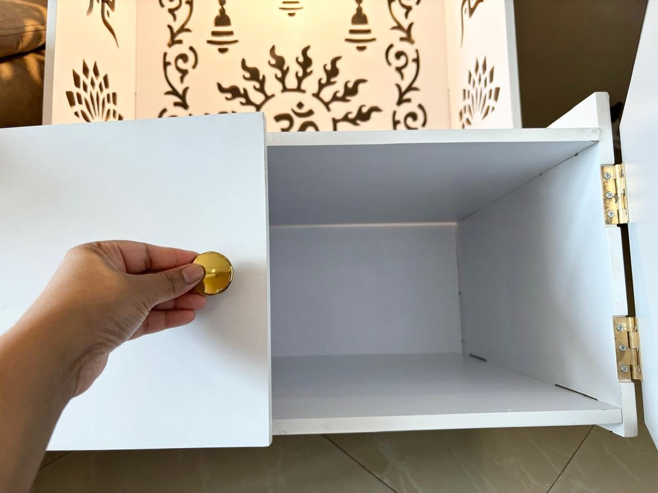 Divine Illumination Aesthetic Wooden Temple for Home with Spacious Shelf Inbuilt Focus Light - White Finish image number 4