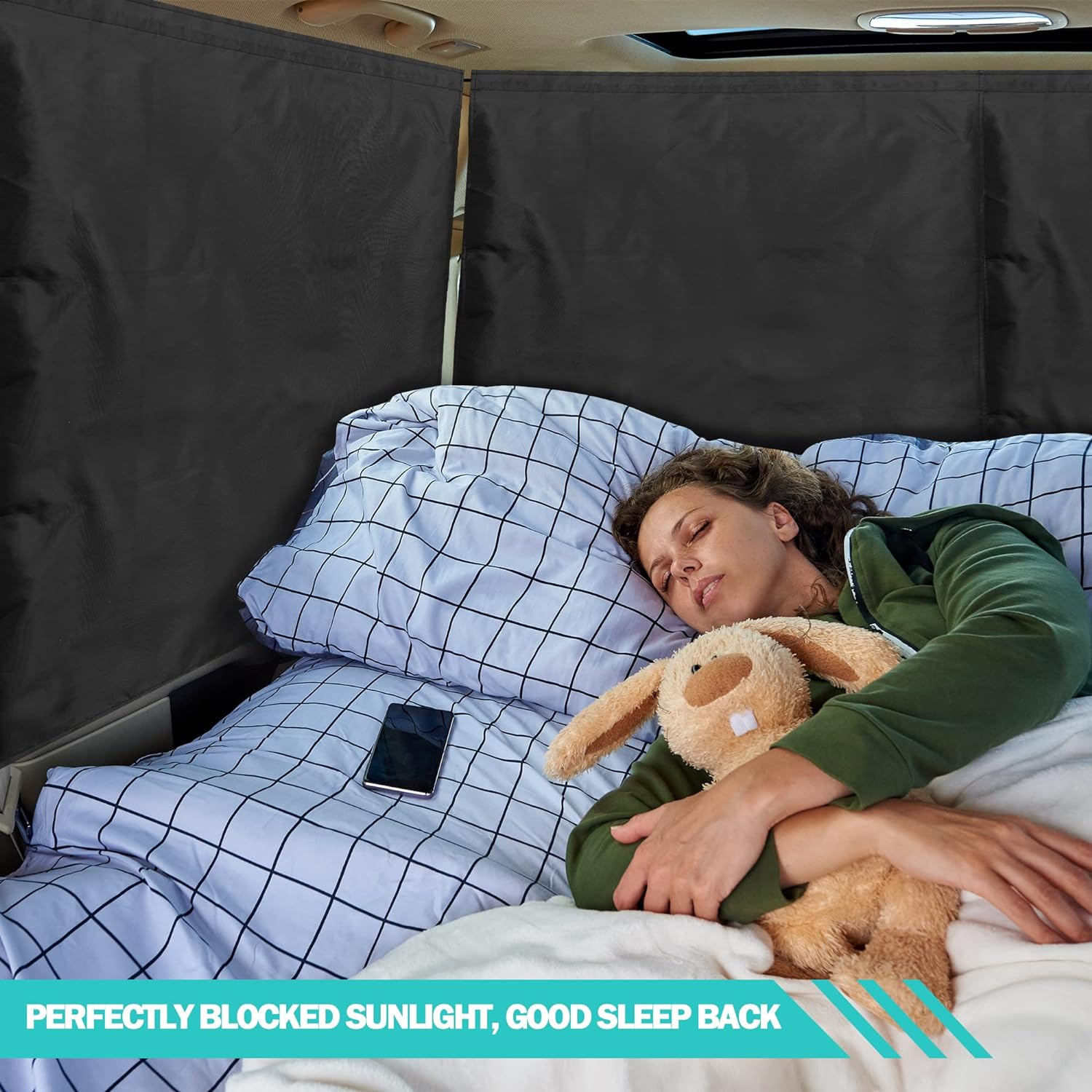 Car Curtains 3-Piece Set - 95% Light Blocking Fabric Rear Seat & Side Windows Divider Curtain Baby Shades, Wide Sedan SUV Sunshade Screen Covers for Travel Camping Nap Sleeping