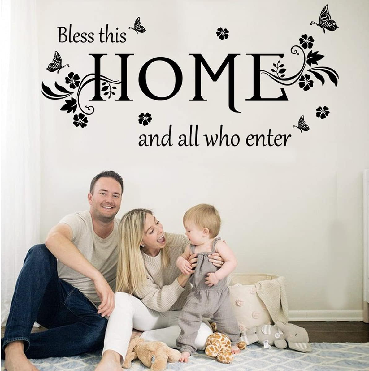 Black Vinyl Wall Sticker Wall Word Quotes Bless This Home and All Who Enter Wall Decals Flowers Butterfly Wall Decor Sticker for Entryway Living Room Home Decor. image number 5