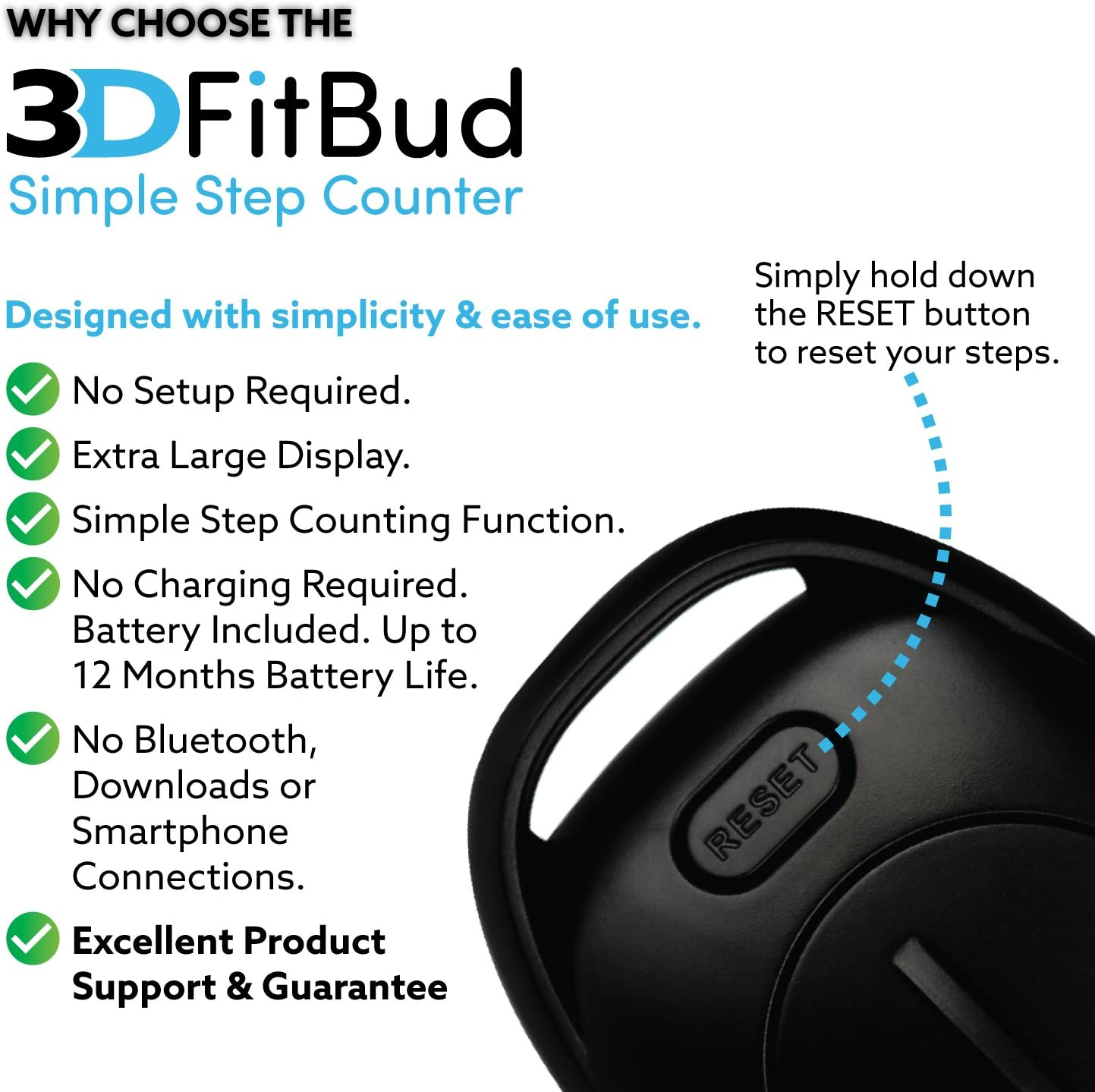 3Dfitbud Simple Step Counter Walking 3D Pedometer with Lanyard A420S (Black)