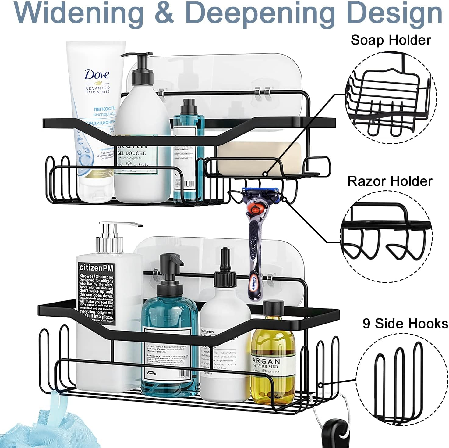 Boperzi Shower Caddy Black Bathroom Organiser - Stainless Steel Wall Shelf Storage Rack Rustproof Wall Mounted No Drilling Holder for Kitchen Storage & Organisation with Hooks, Adhesive Pad, 2 Pack image number 2