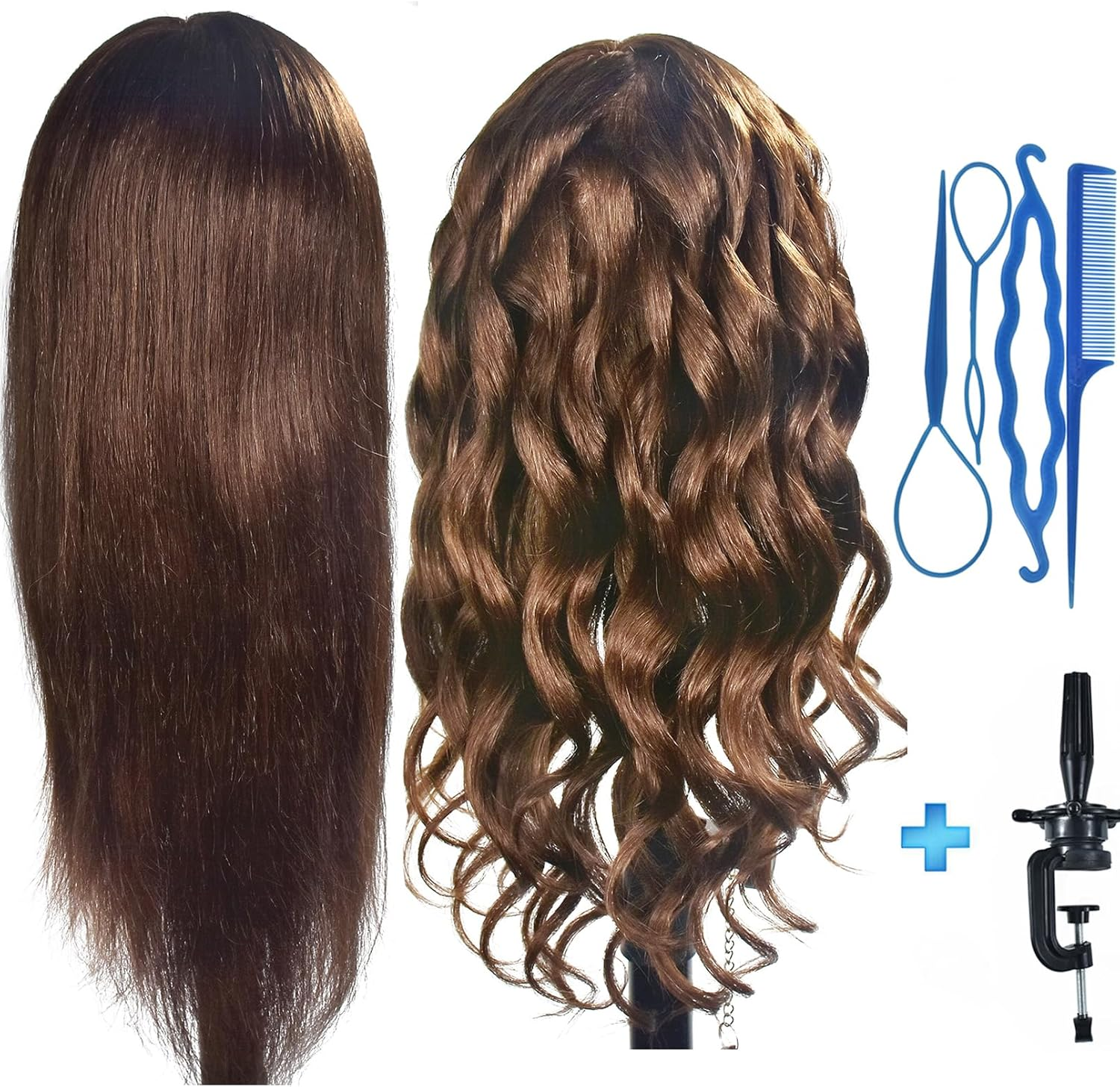 Mannequin Head 20"-22" Female 80% Human Hair Hairdresser Cosmetology Mannequin Manikin Training Head Hair Doll Head with Table Clamp Holder image number 1