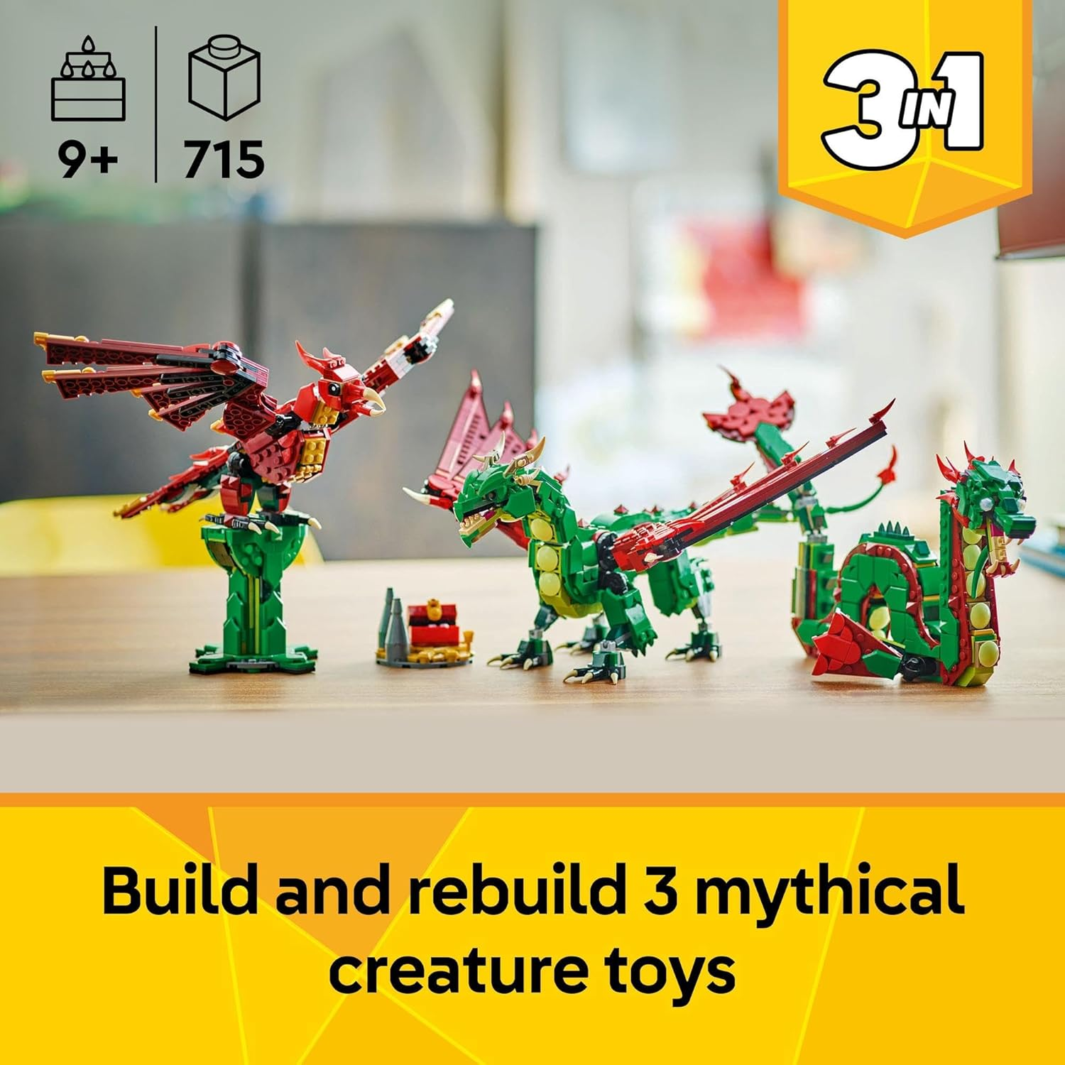 LEGO Creator 3In1 Medieval Dragon Toy for 9+ Year Old Boys & Girls, Construction Kit Rebuilds into a Sea Serpent or a Phoenix Animal Figure, Creative Kids Toy Building Set 31161 image number 4